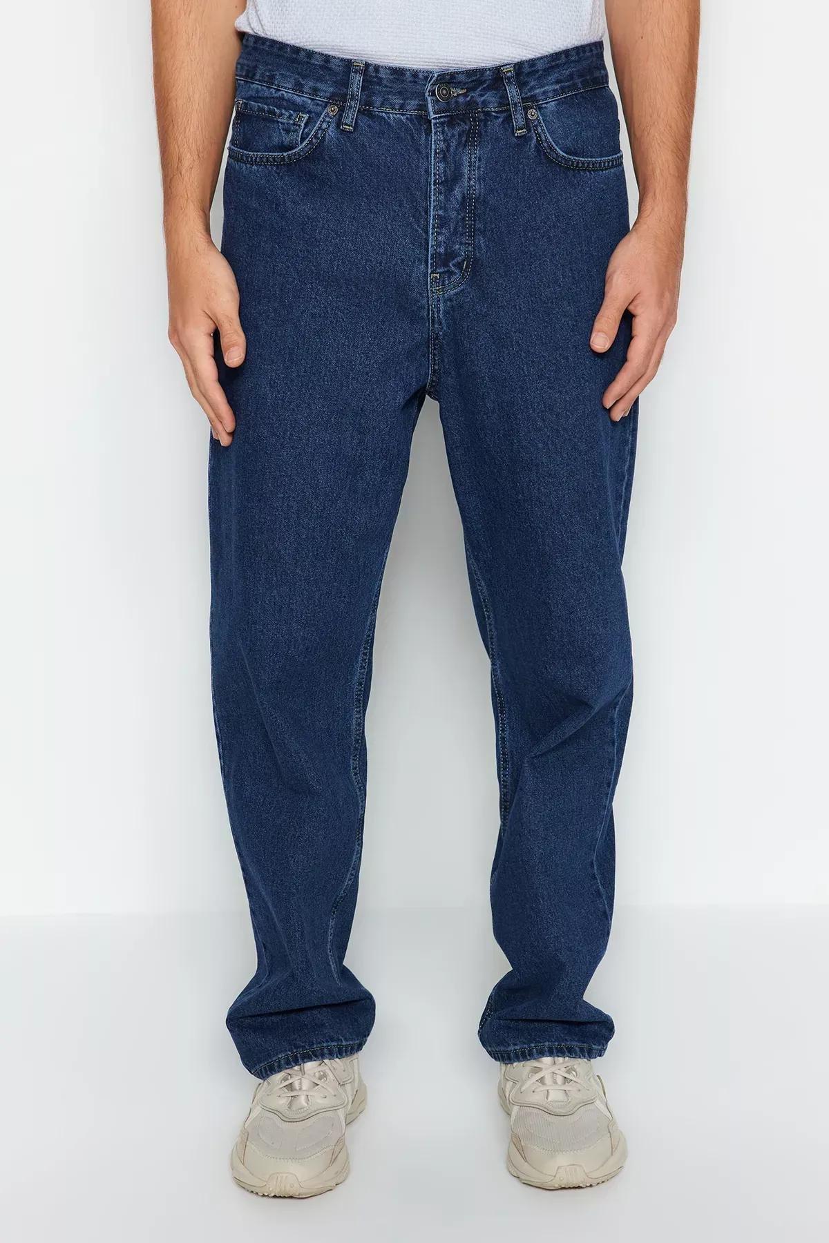 Navy Baggy Fit Jeans Denim Pants, Navy blue-2002, medium