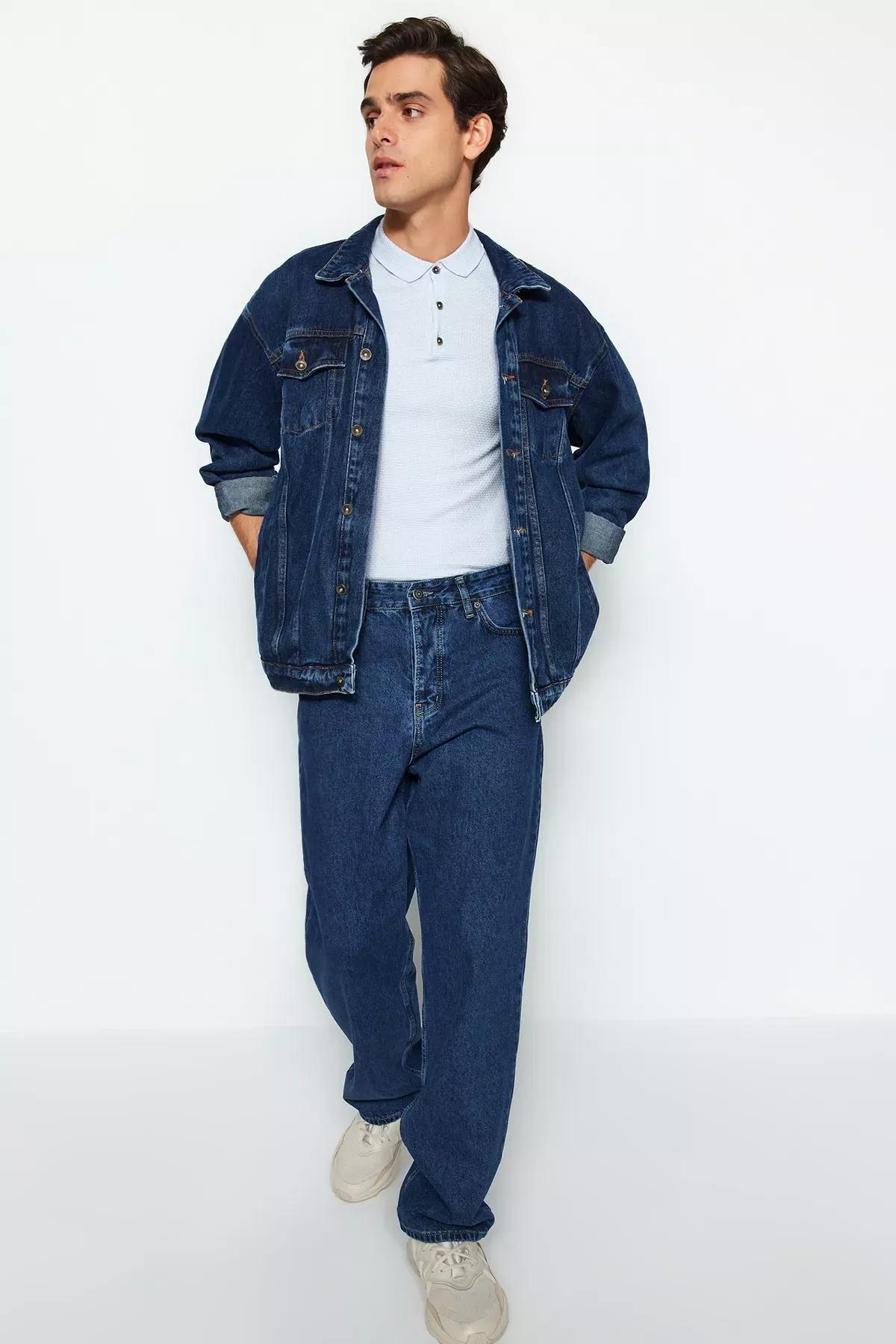 Navy Baggy Fit Jeans Denim Pants, Navy blue-2002, medium