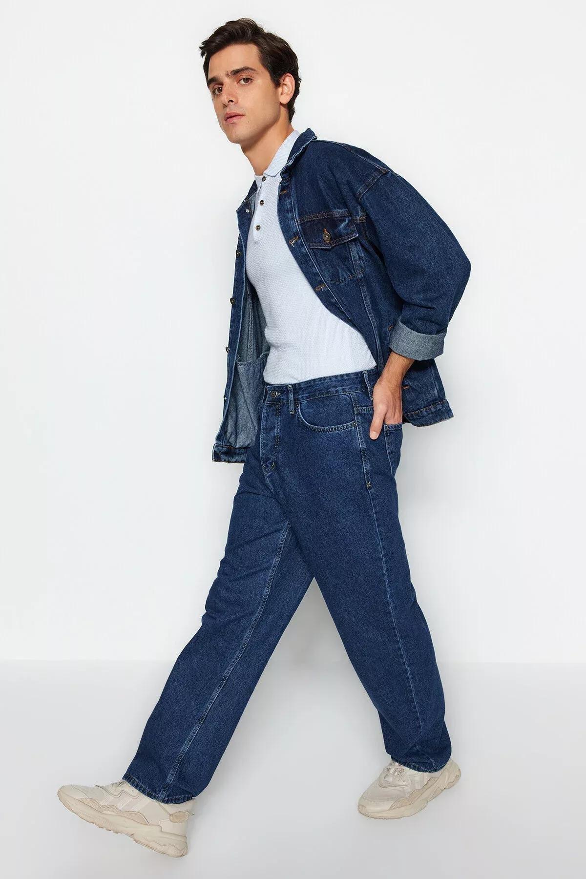 Navy Baggy Fit Jeans Denim Pants, Navy blue-2002, large image number 3