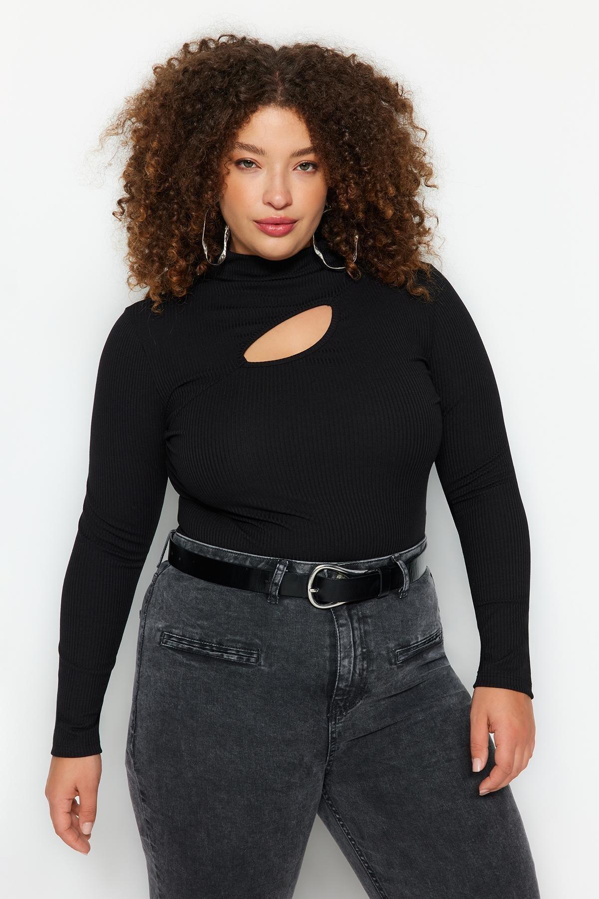Black Stand-Up Collared Knitted Blouse, , large image number 0
