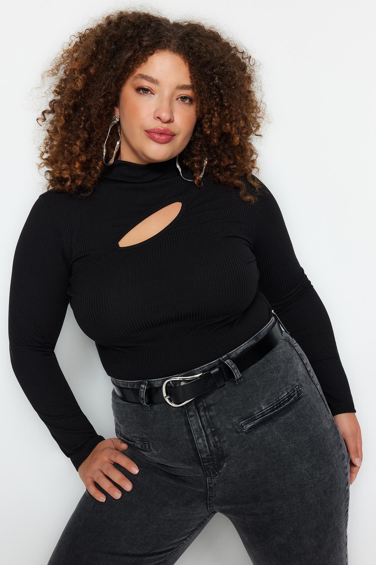 Black Stand-Up Collared Knitted Blouse, , large image number 1