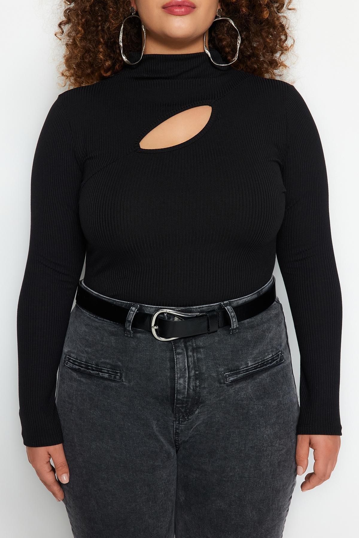 Black Stand-Up Collared Knitted Blouse, , large image number 2