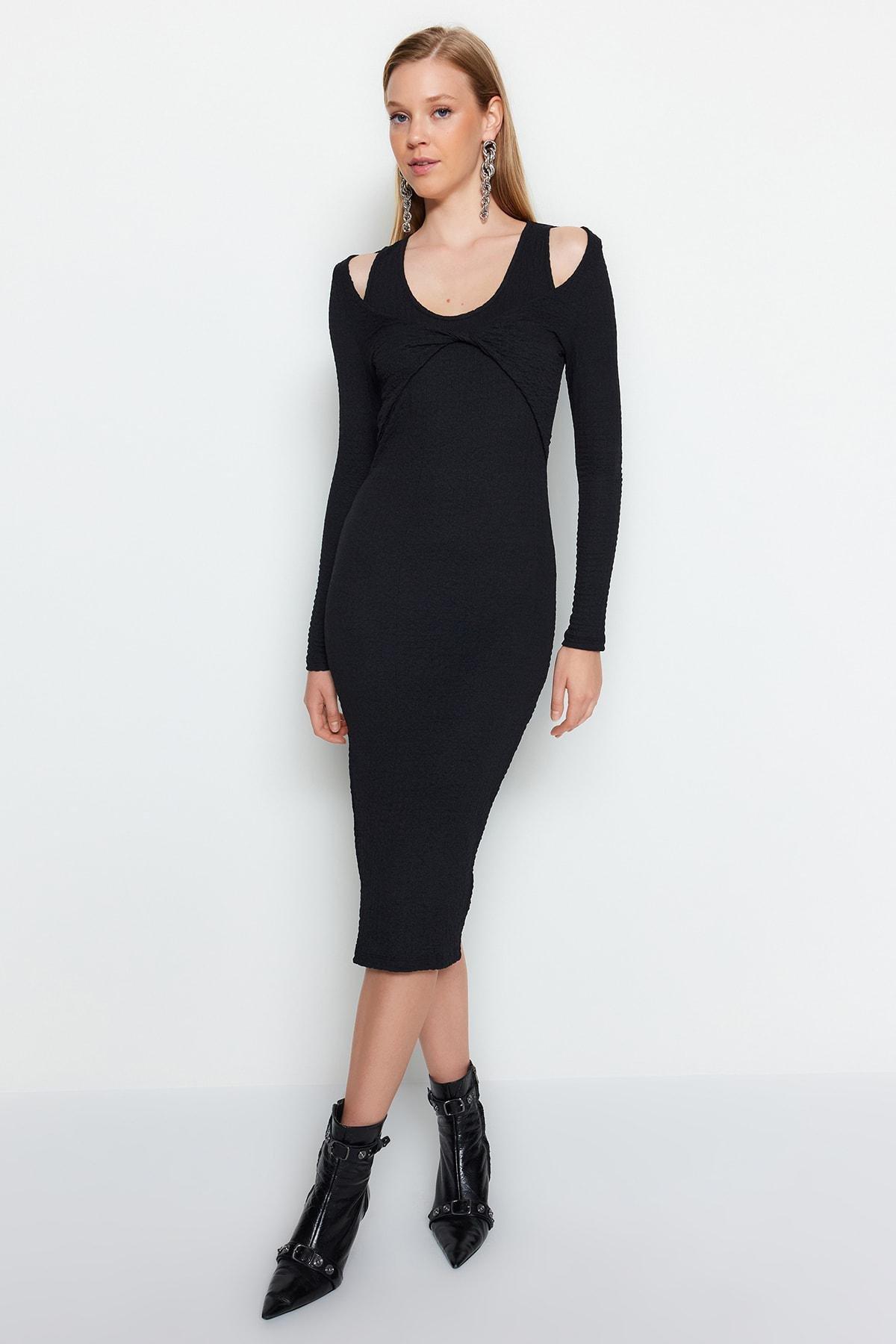Black Textured Fitted Midi Bolero Knit Dress, , large image number 0