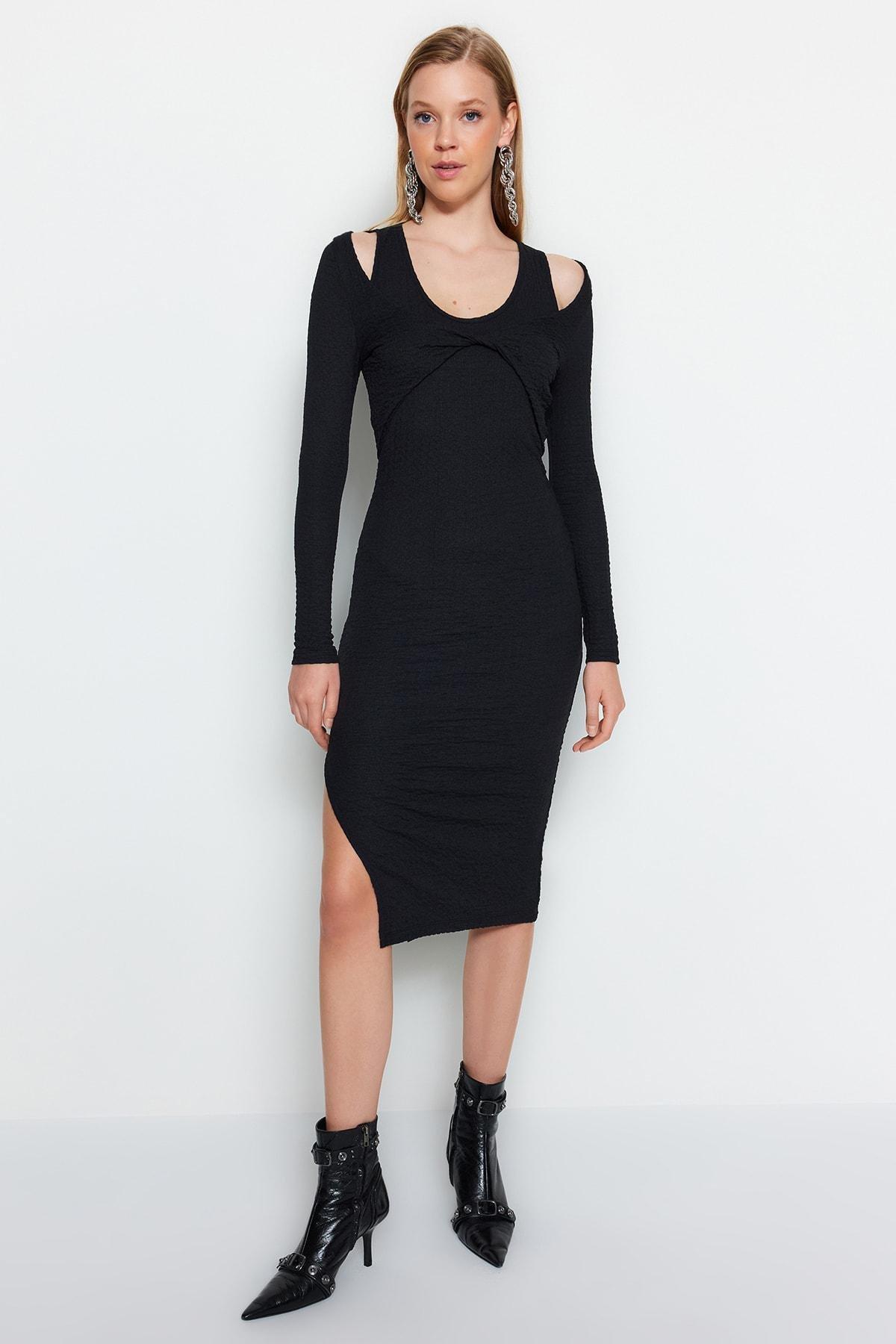 Black Textured Fitted Midi Bolero Knit Dress, , large image number 1