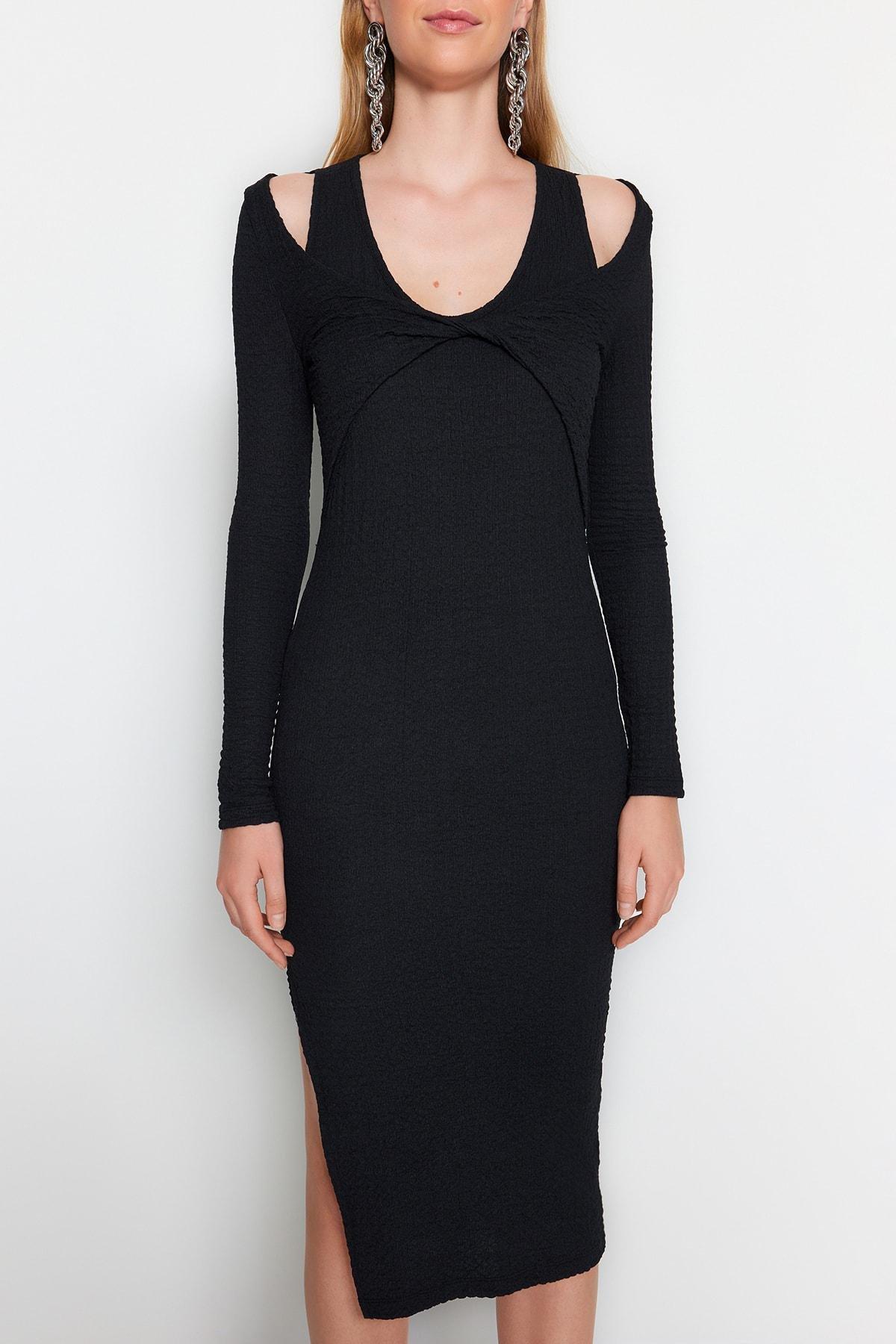Black Textured Fitted Midi Bolero Knit Dress, , large image number 2