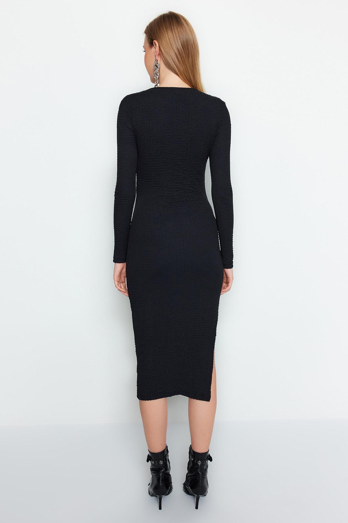 Black Textured Fitted Midi Bolero Knit Dress, , large image number 4