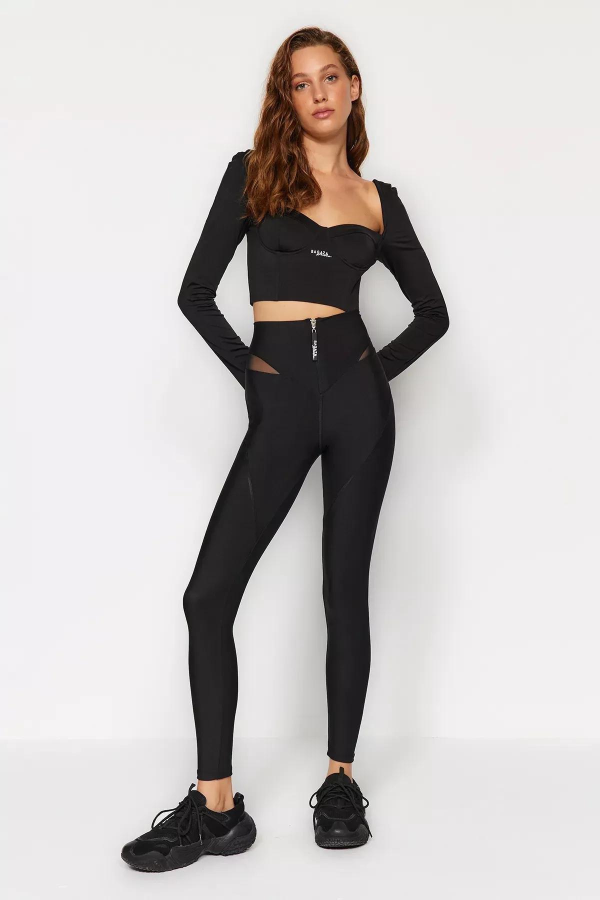 Black Wrap-Around Full Length Sports Leggings, BLACK, medium