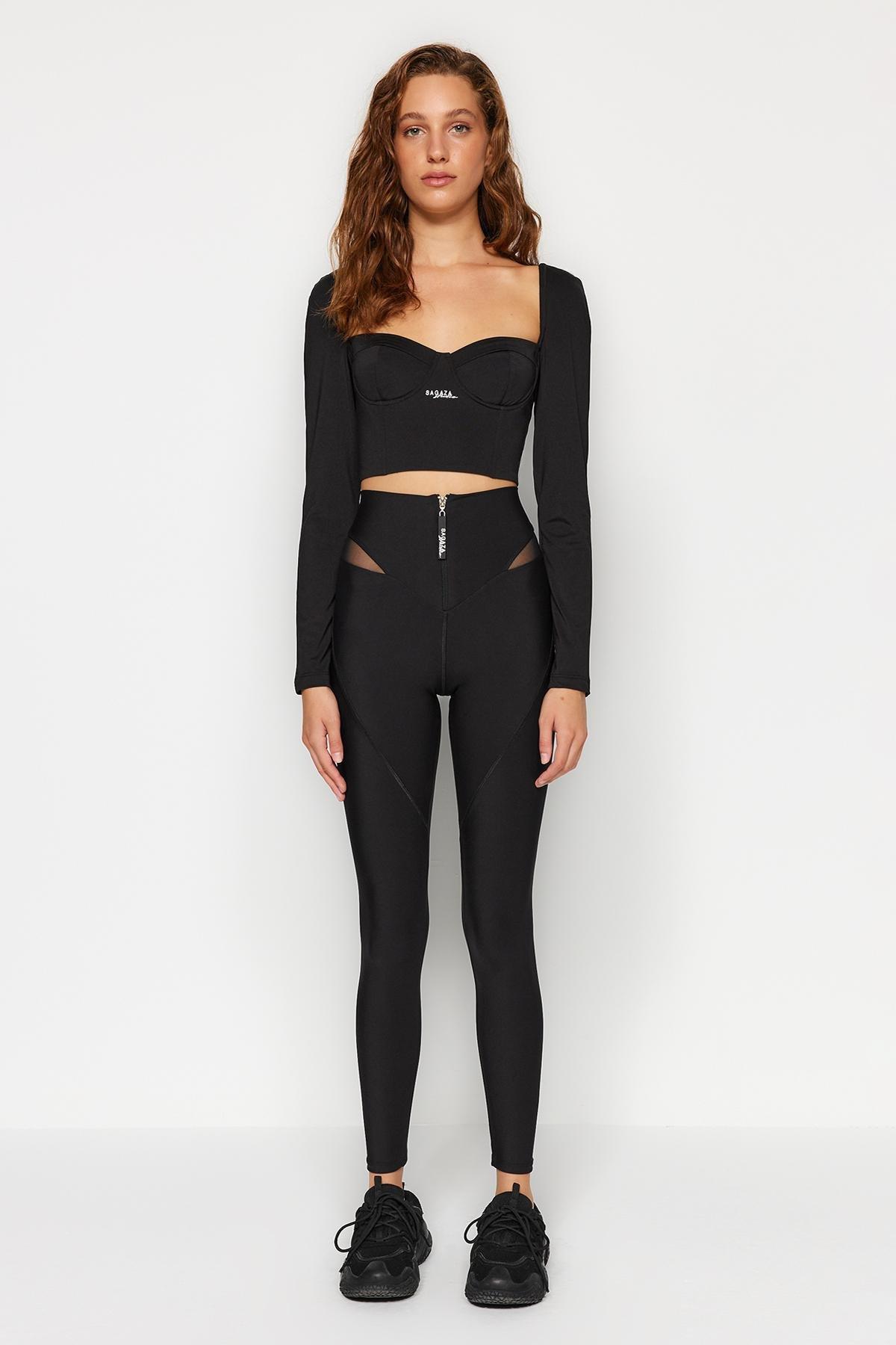 Black Wrap-Around Full Length Sports Leggings, , large image number 1