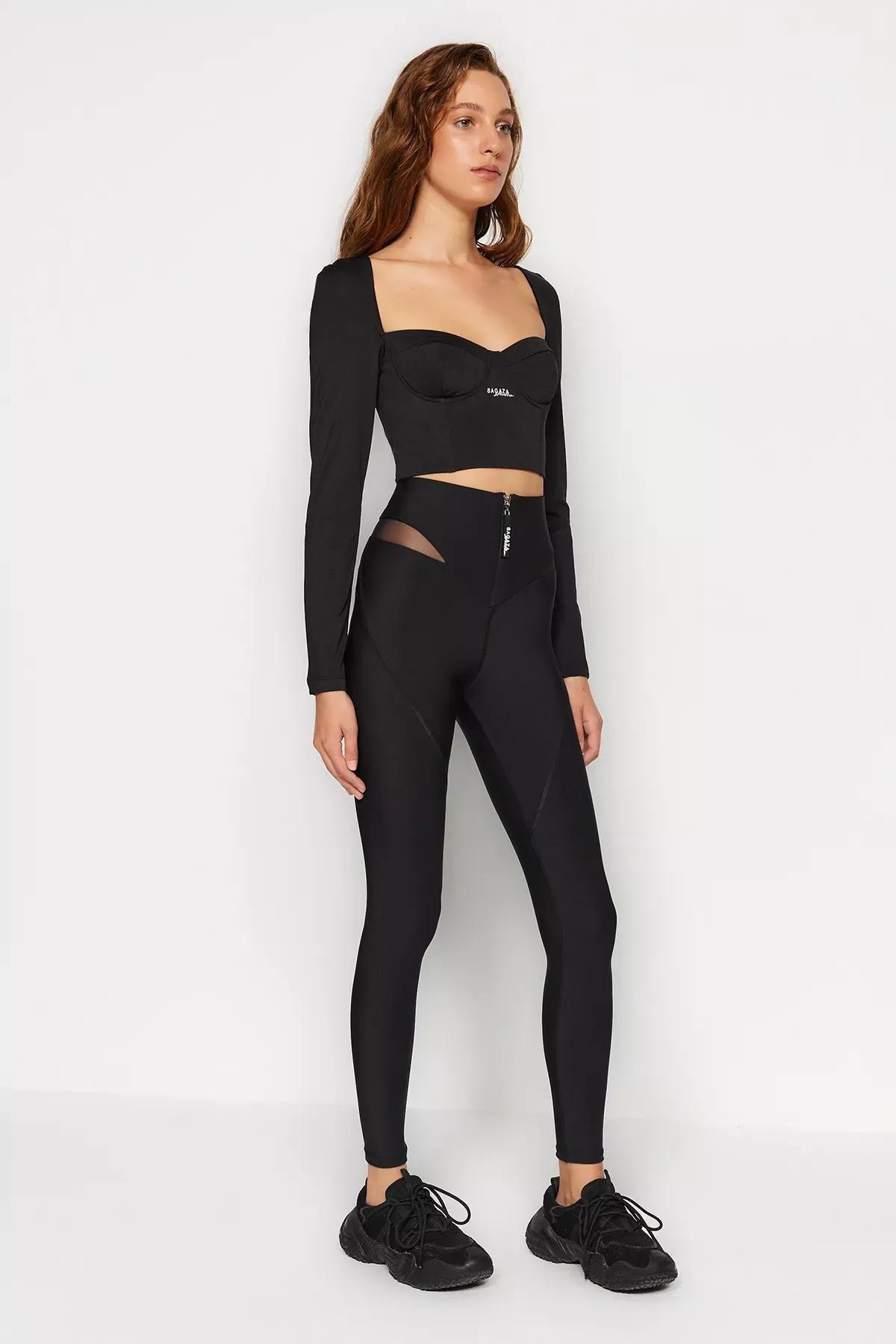 Black Wrap-Around Full Length Sports Leggings, BLACK, medium