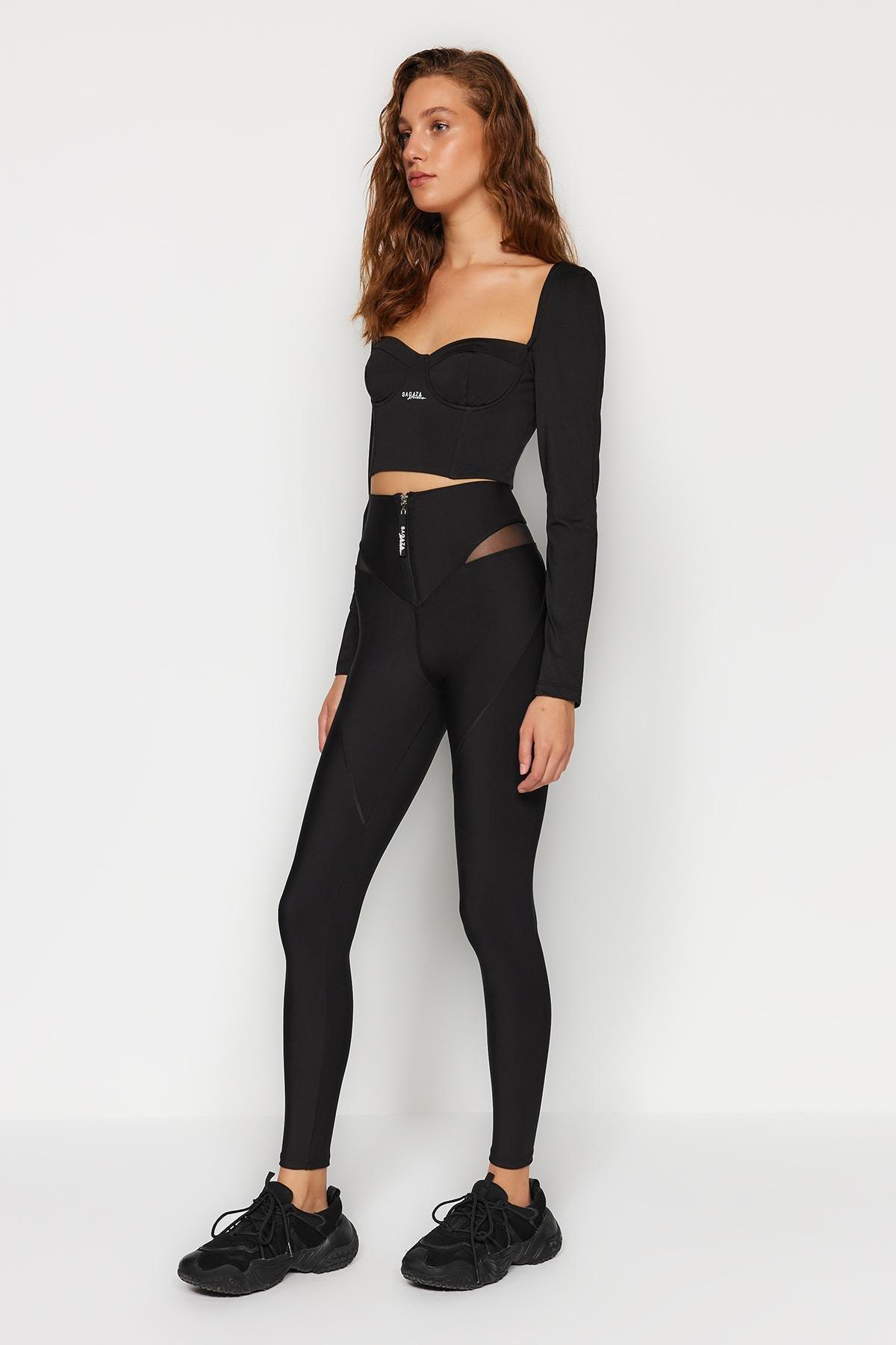 Black Wrap-Around Full Length Sports Leggings, , large image number 3