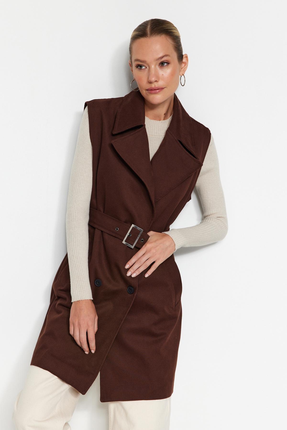 Brown Oversized Trench Coat Vest, , large image number 0