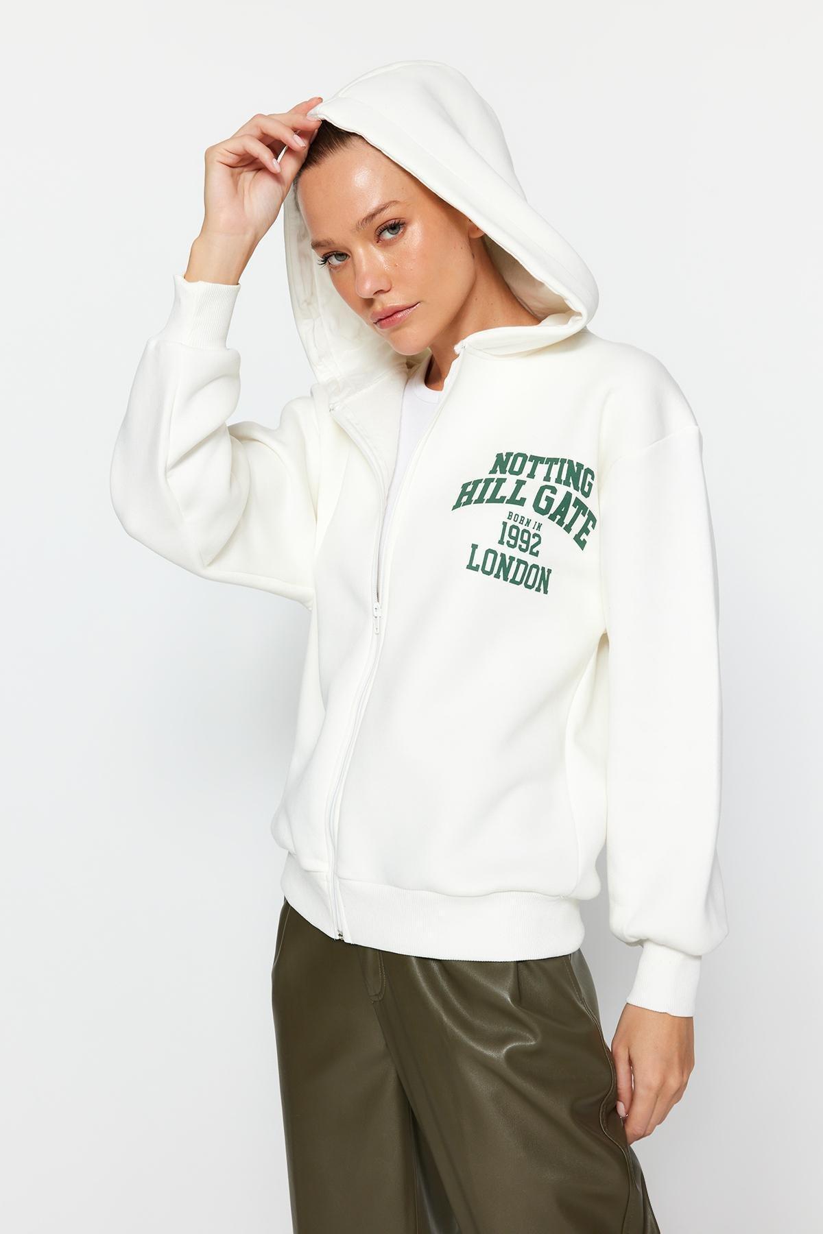 Ecru Printed Oversized Hoodie, , large image number 1