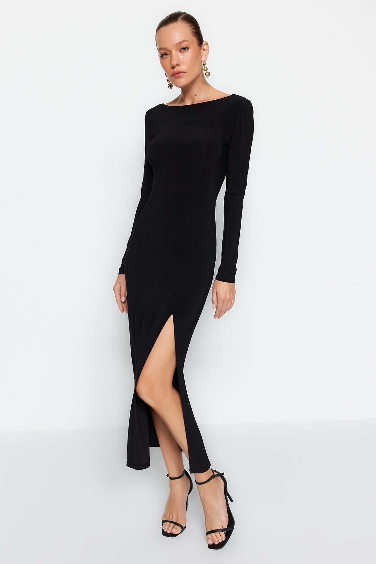 Black Boat Collar Maxi Knitted Dress, , large image number 1
