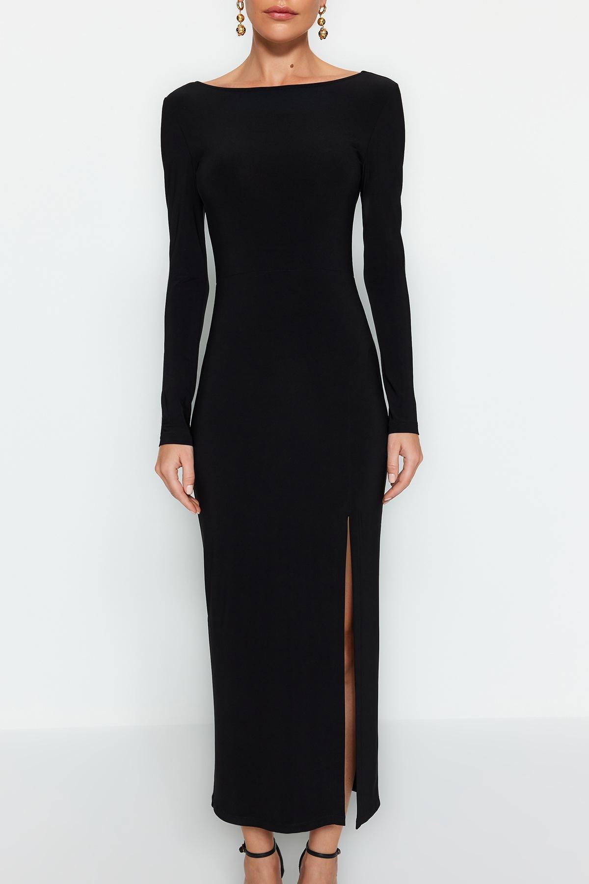 Black Boat Collar Maxi Knitted Dress, , large image number 3