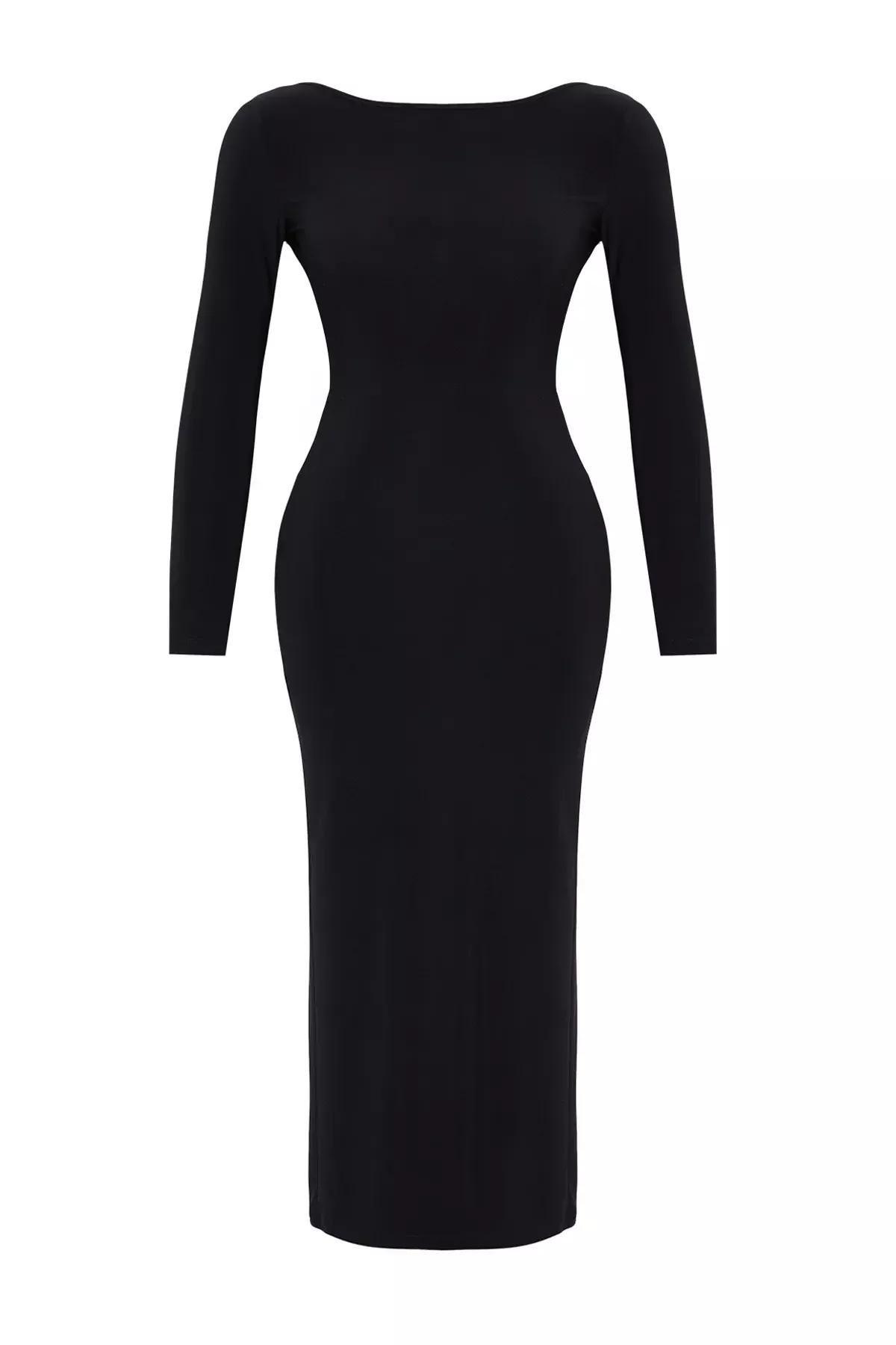 Black Boat Collar Maxi Knitted Dress, BLACK, large image number 5