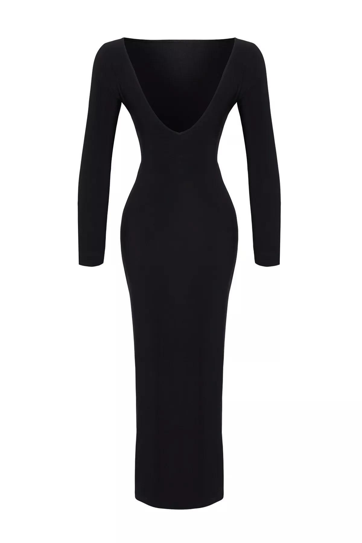 Black Boat Collar Maxi Knitted Dress, BLACK, large image number 6