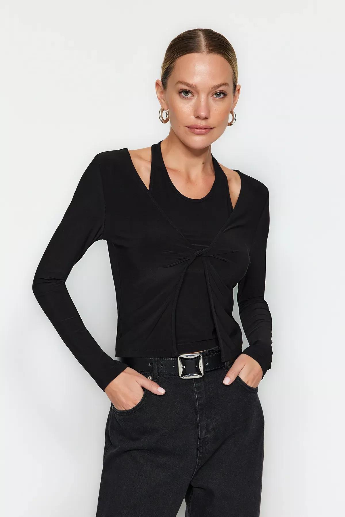 Black Elastic Knitted Fitted Blouse, BLACK, large image number 0