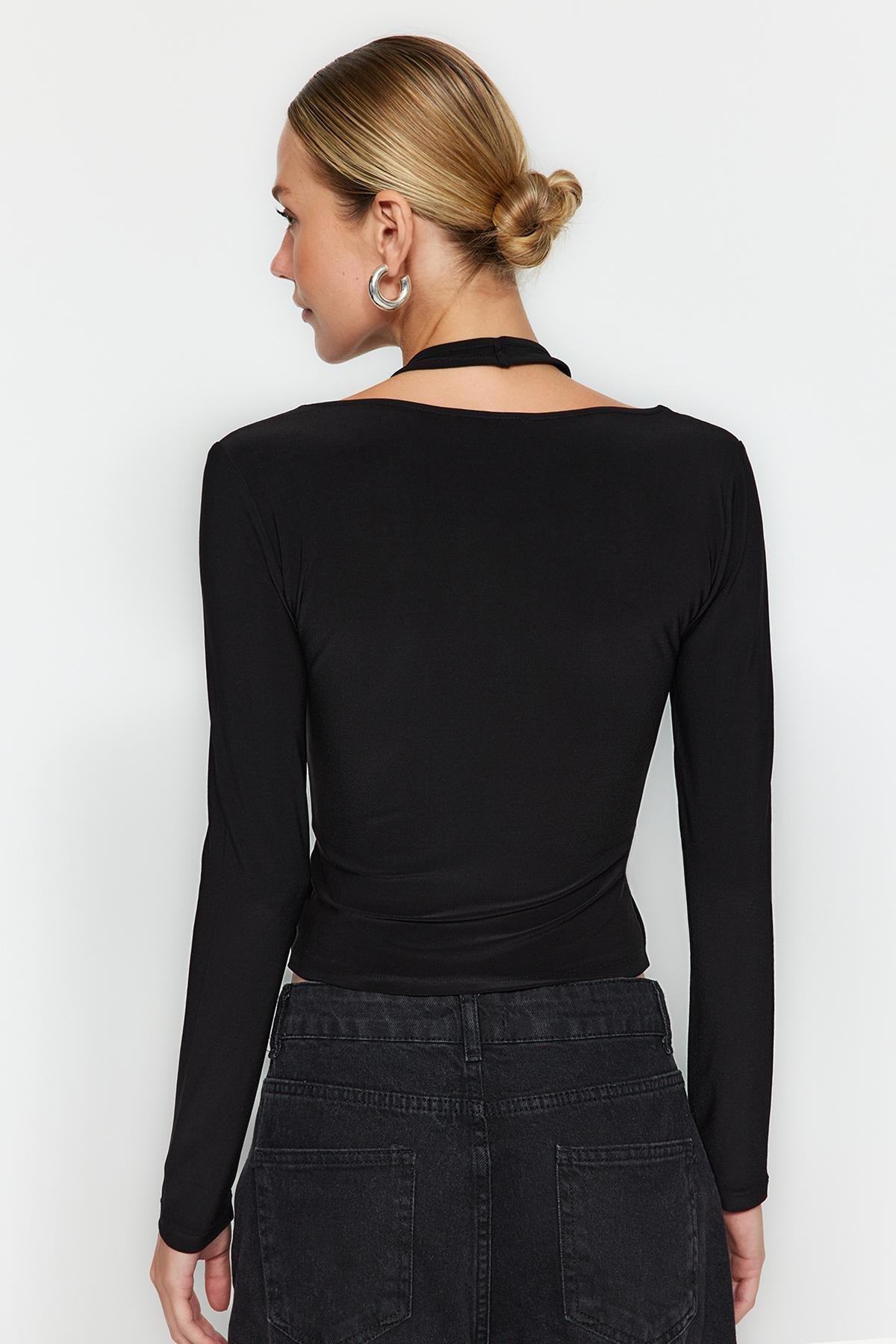 Black Elastic Knitted Fitted Blouse, BLACK, large image number 2