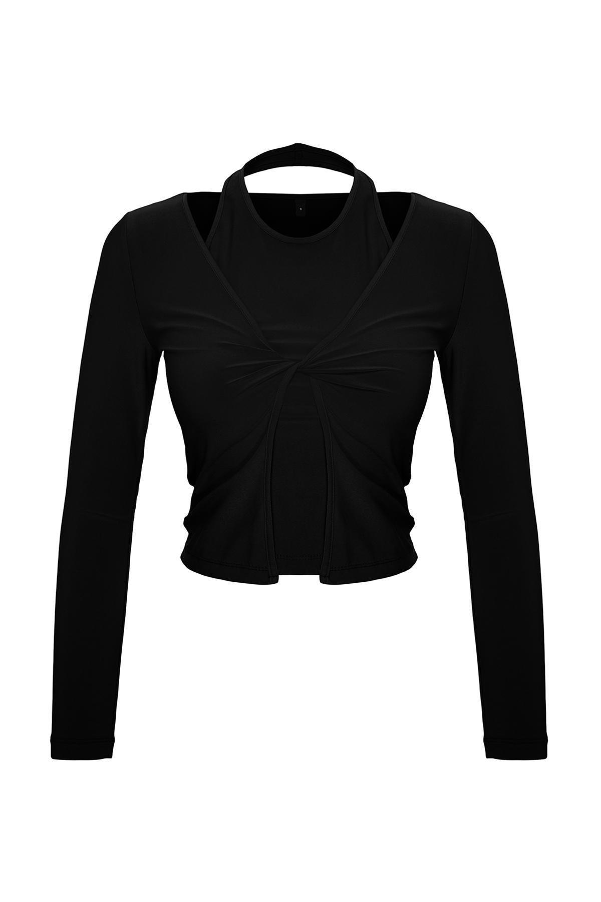 Black Elastic Knitted Fitted Blouse, BLACK, large image number 5