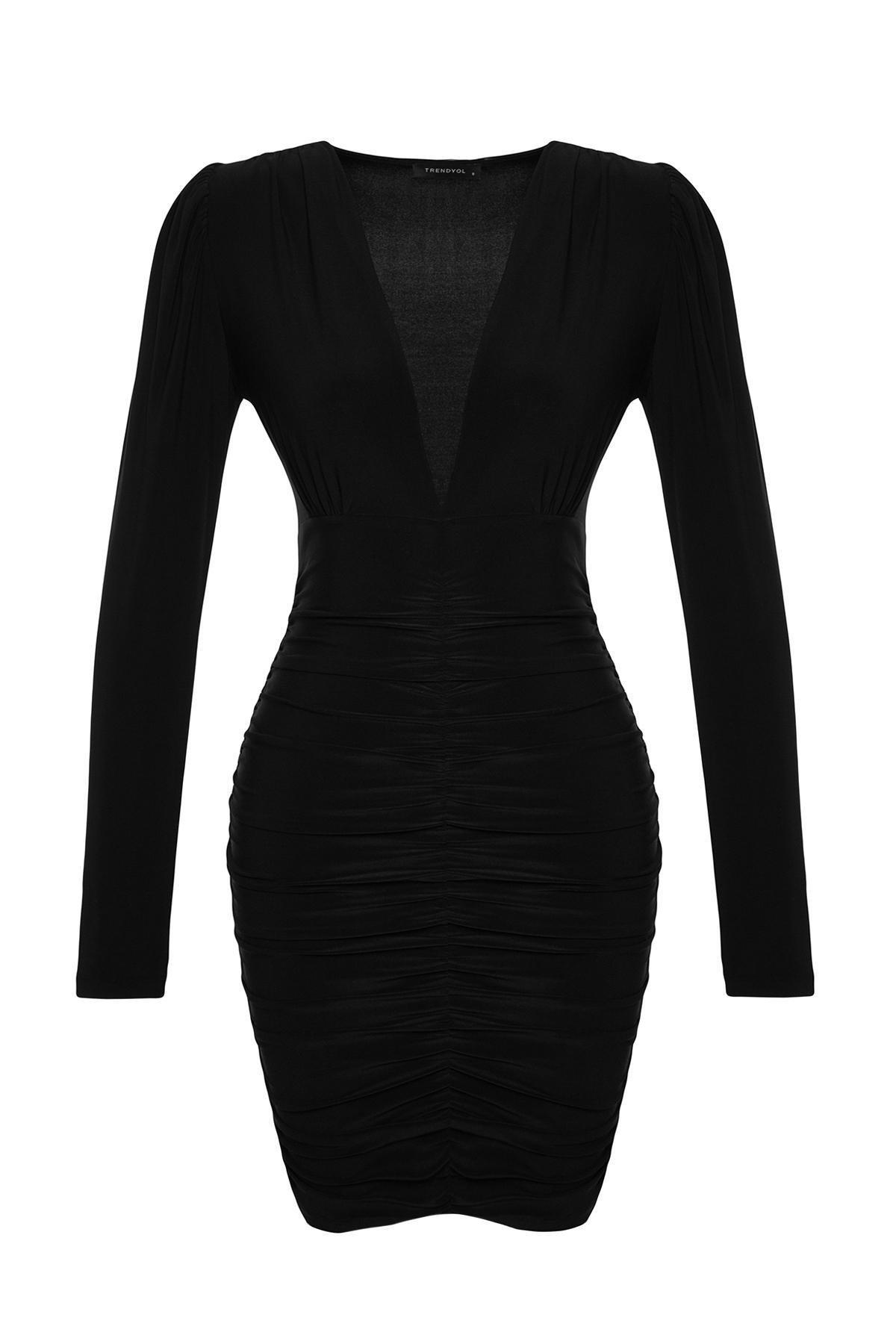 Trendyol - Black Draped V-Neck Flexible Mini Knit Dress