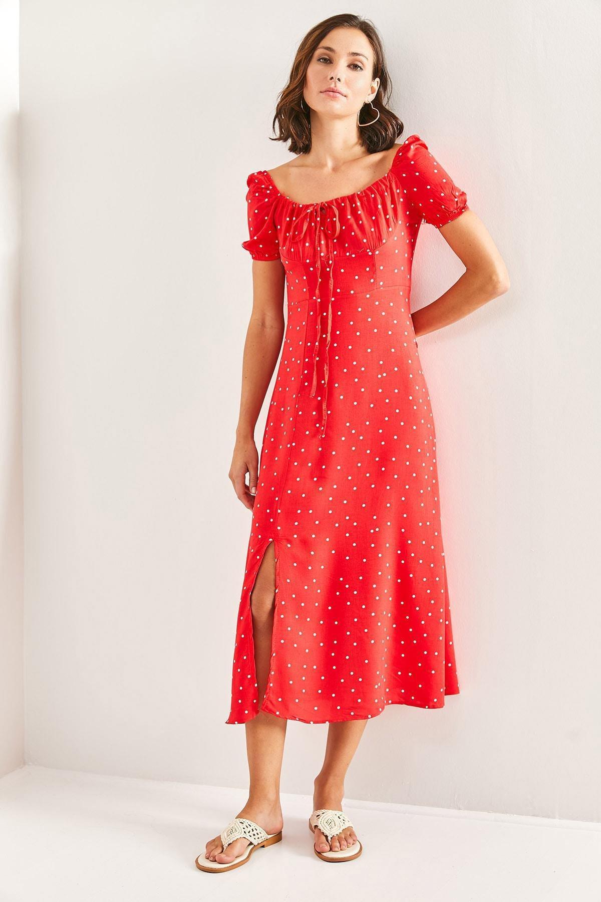 Red Square Neck Drawstring Polka Dot Dress, , large image number 0