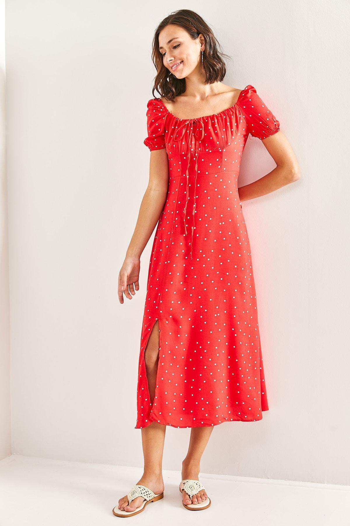 Red Square Neck Drawstring Polka Dot Dress, , large image number 1
