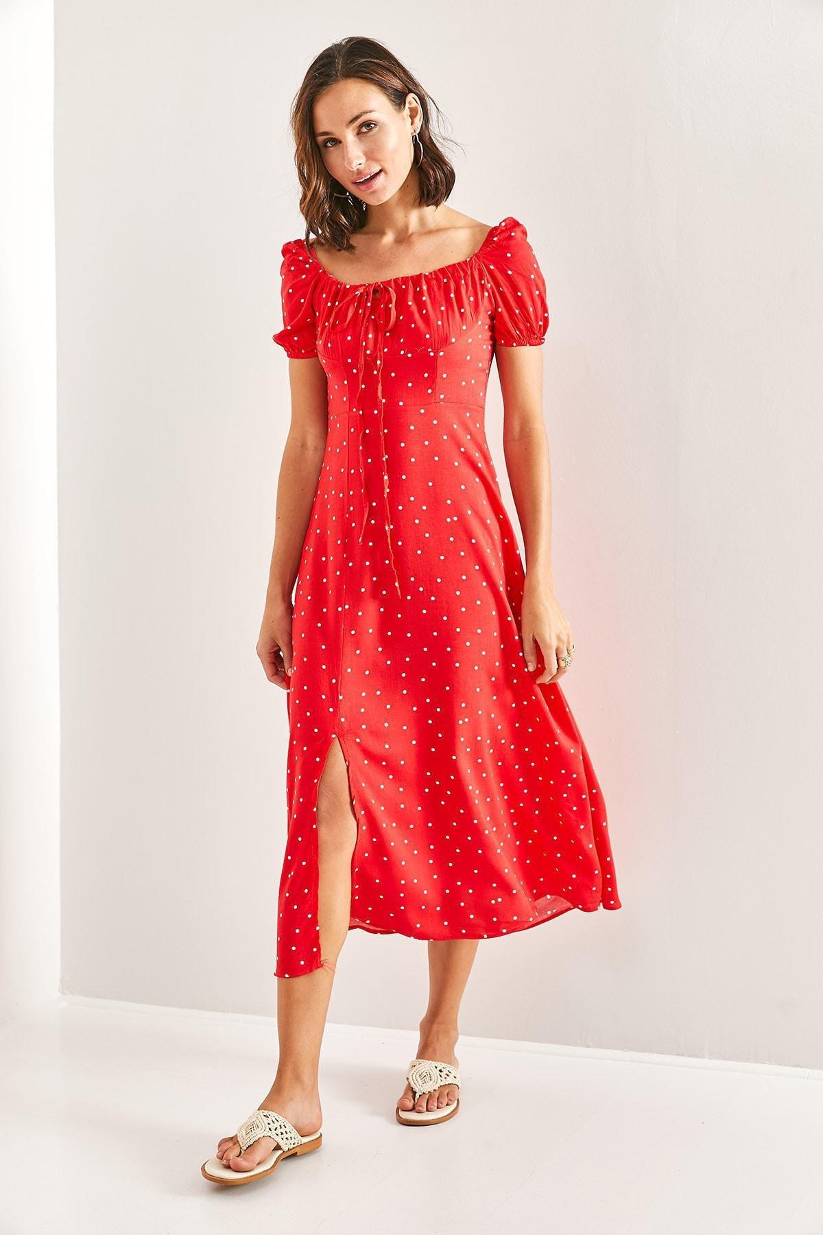 Red Square Neck Drawstring Polka Dot Dress, , large image number 2