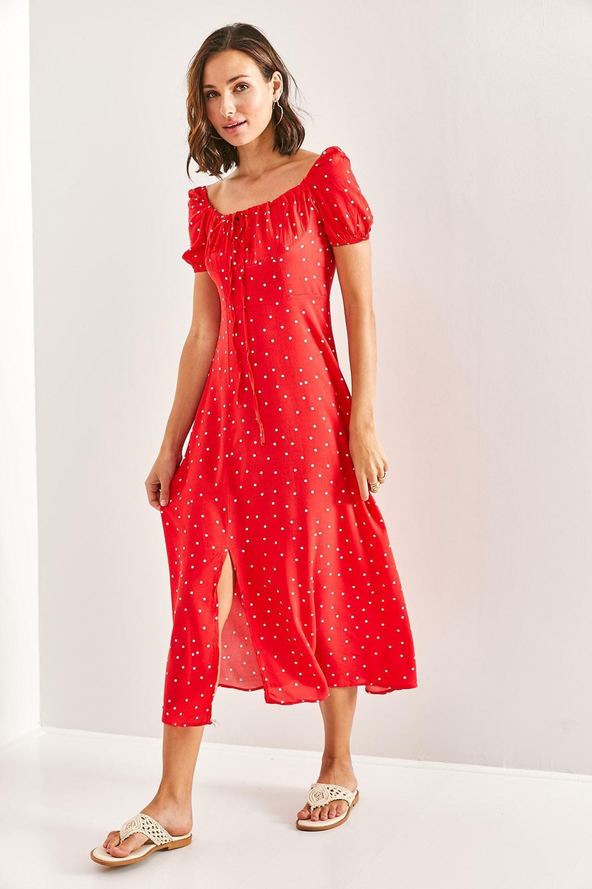 Red Square Neck Drawstring Polka Dot Dress, , large image number 3