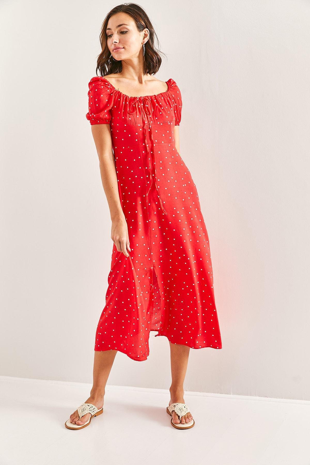 Red Square Neck Drawstring Polka Dot Dress, , large image number 4