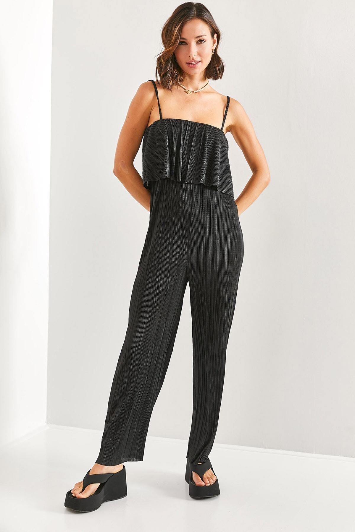 Black Strappy Pleated Satin Jumpsuit, , large image number 0