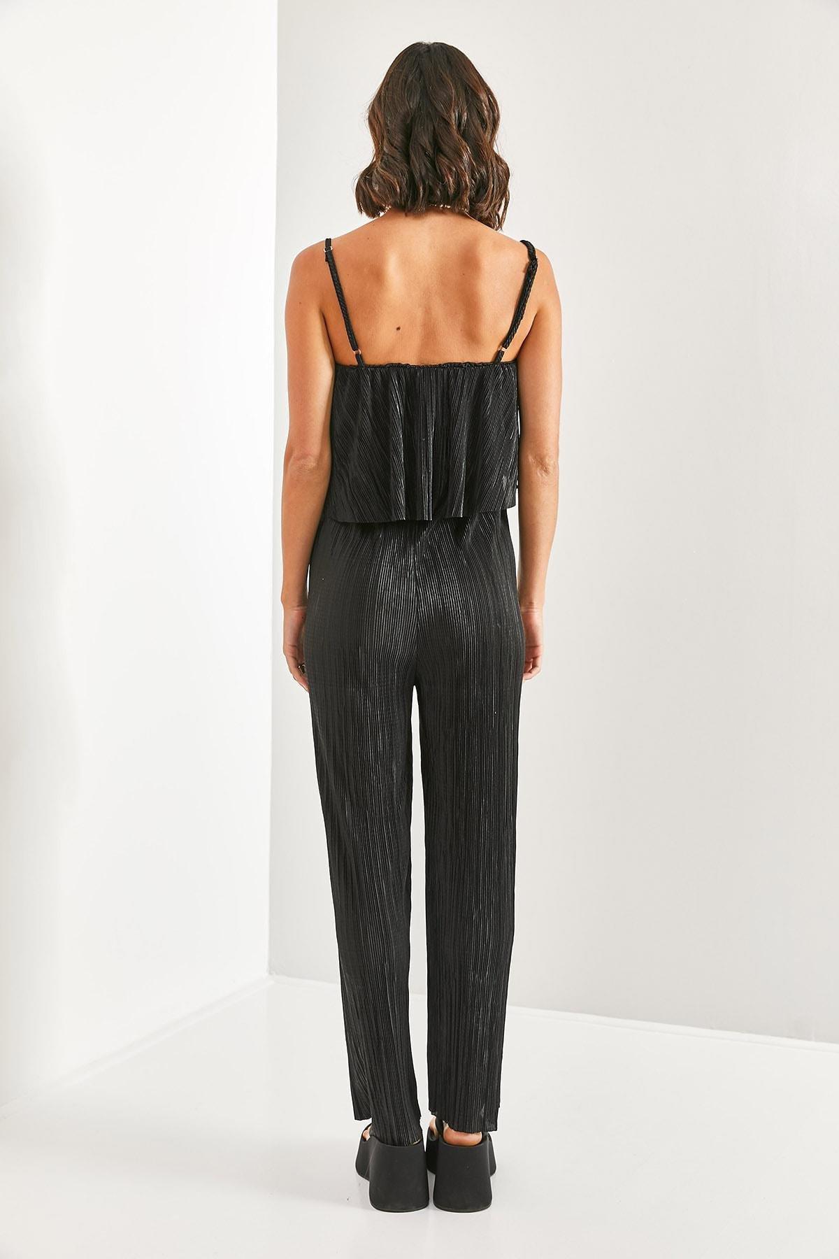 Black Strappy Pleated Satin Jumpsuit, , large image number 1