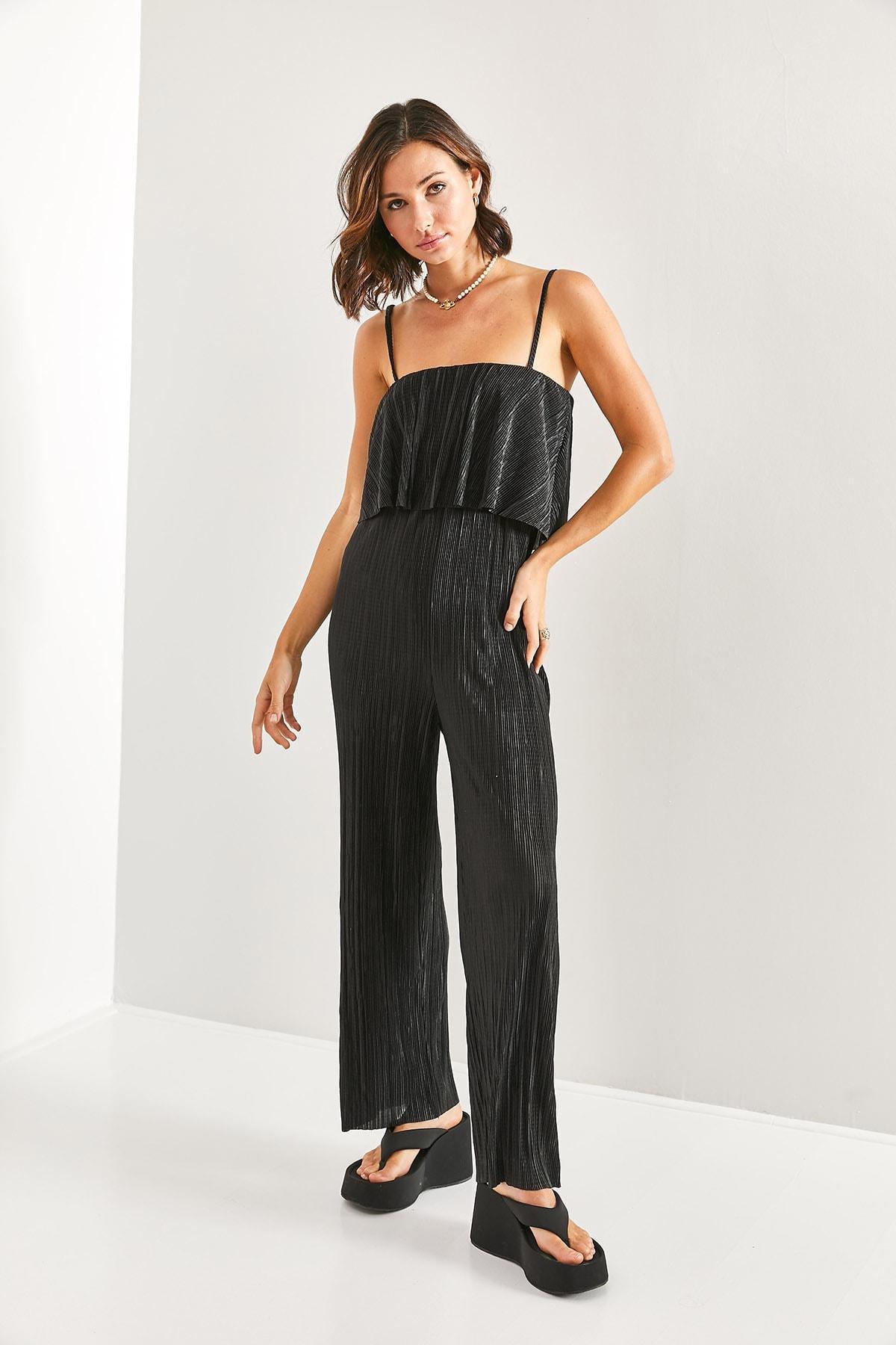 Black Strappy Pleated Satin Jumpsuit, , large image number 2