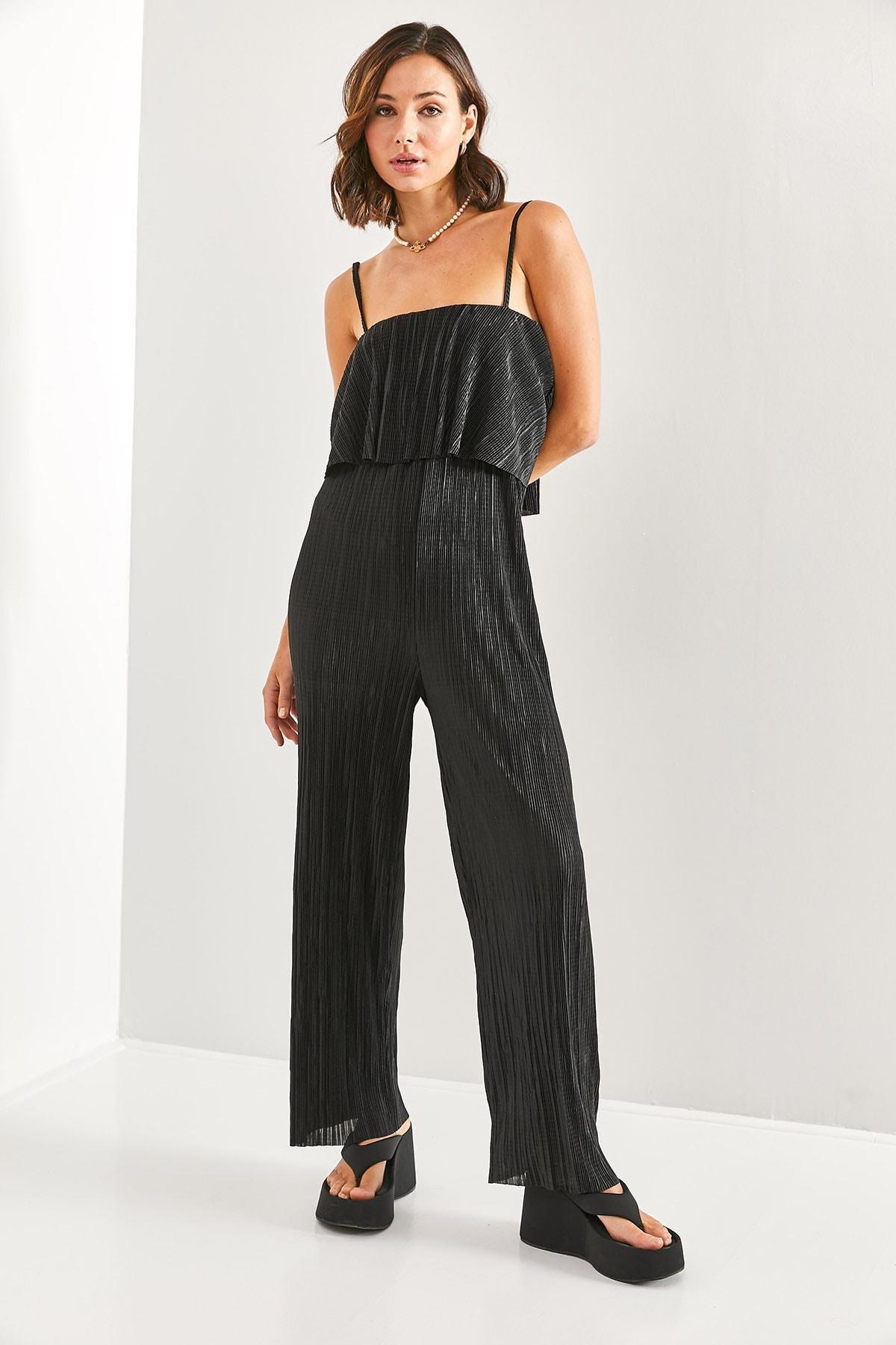 Black Strappy Pleated Satin Jumpsuit, , large image number 3