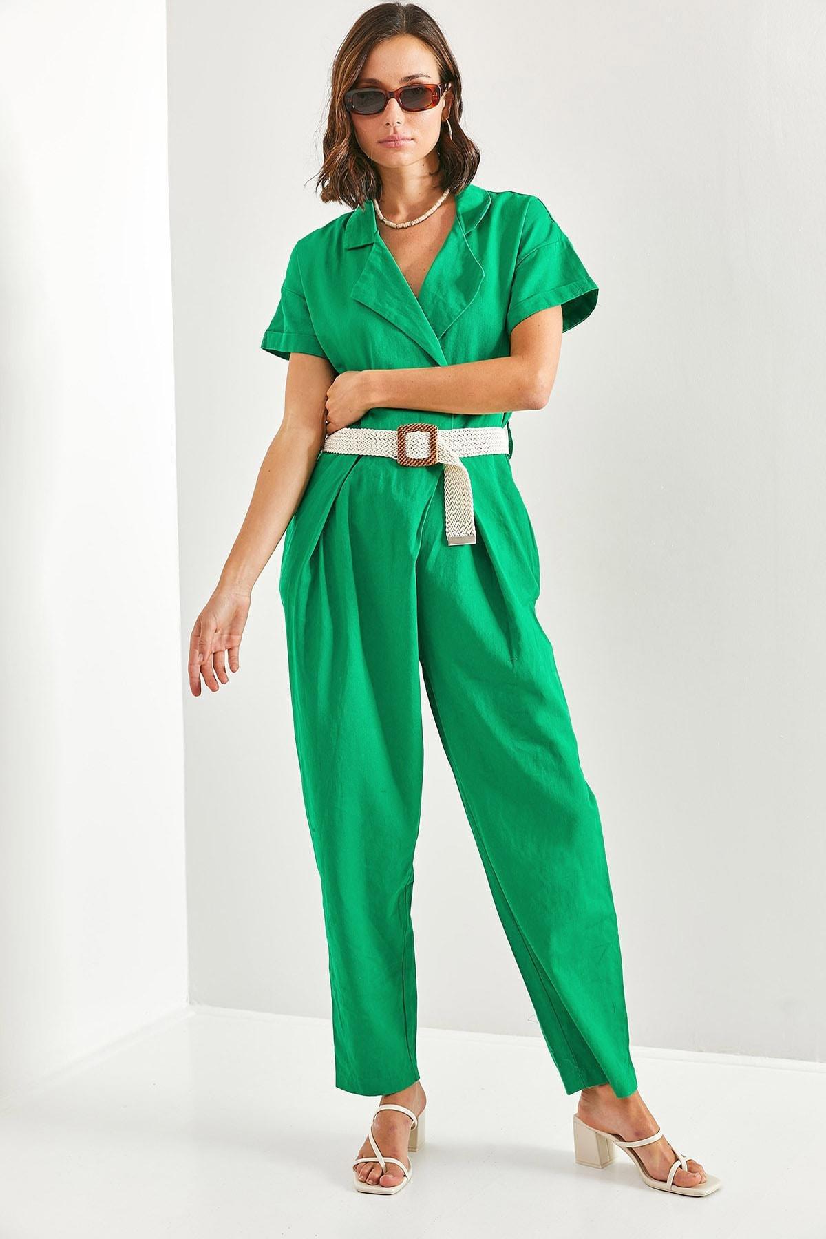Green Belted Thin Gabardine Jumpsuit, Green, large image number 0