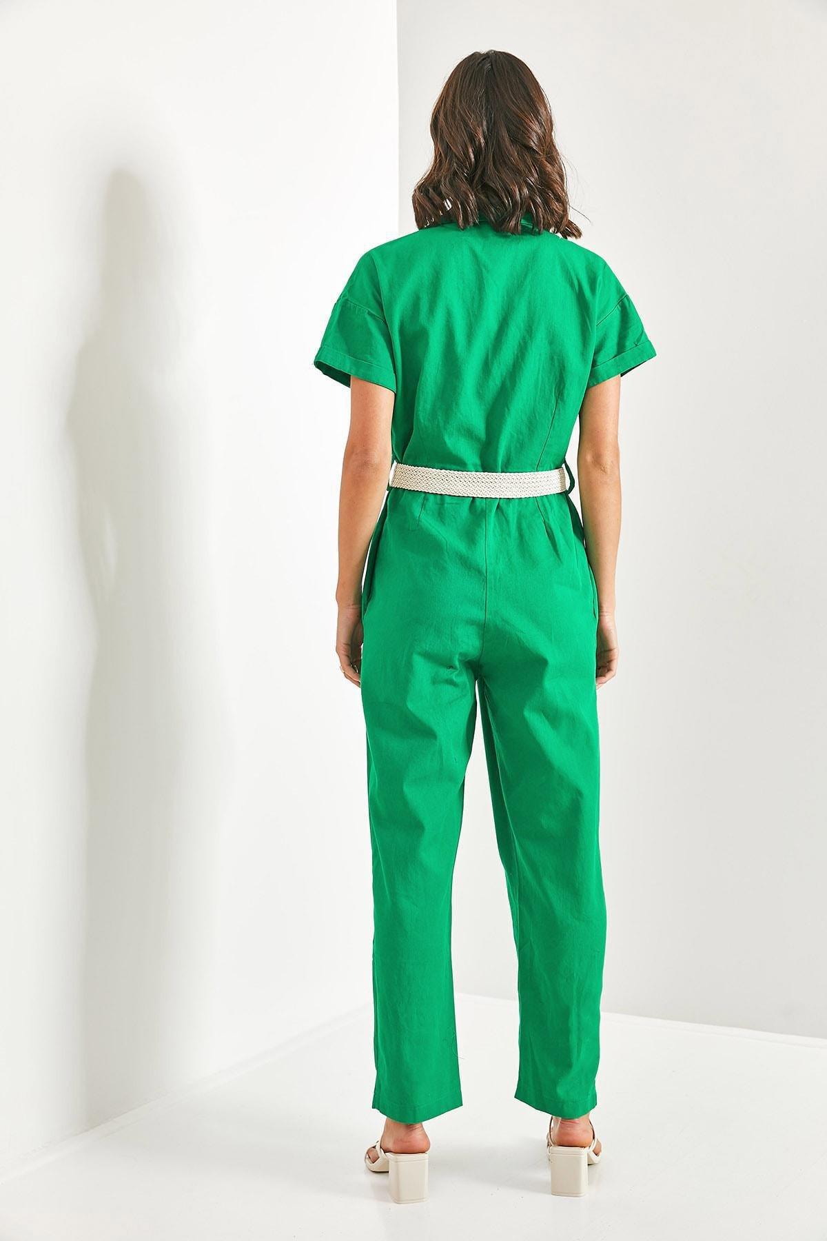 Green Belted Thin Gabardine Jumpsuit, Green, large image number 1