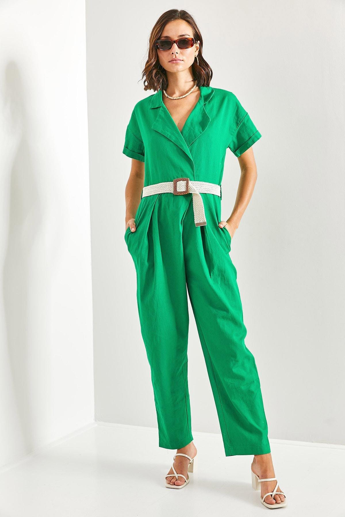 Green Belted Thin Gabardine Jumpsuit, Green, large image number 2