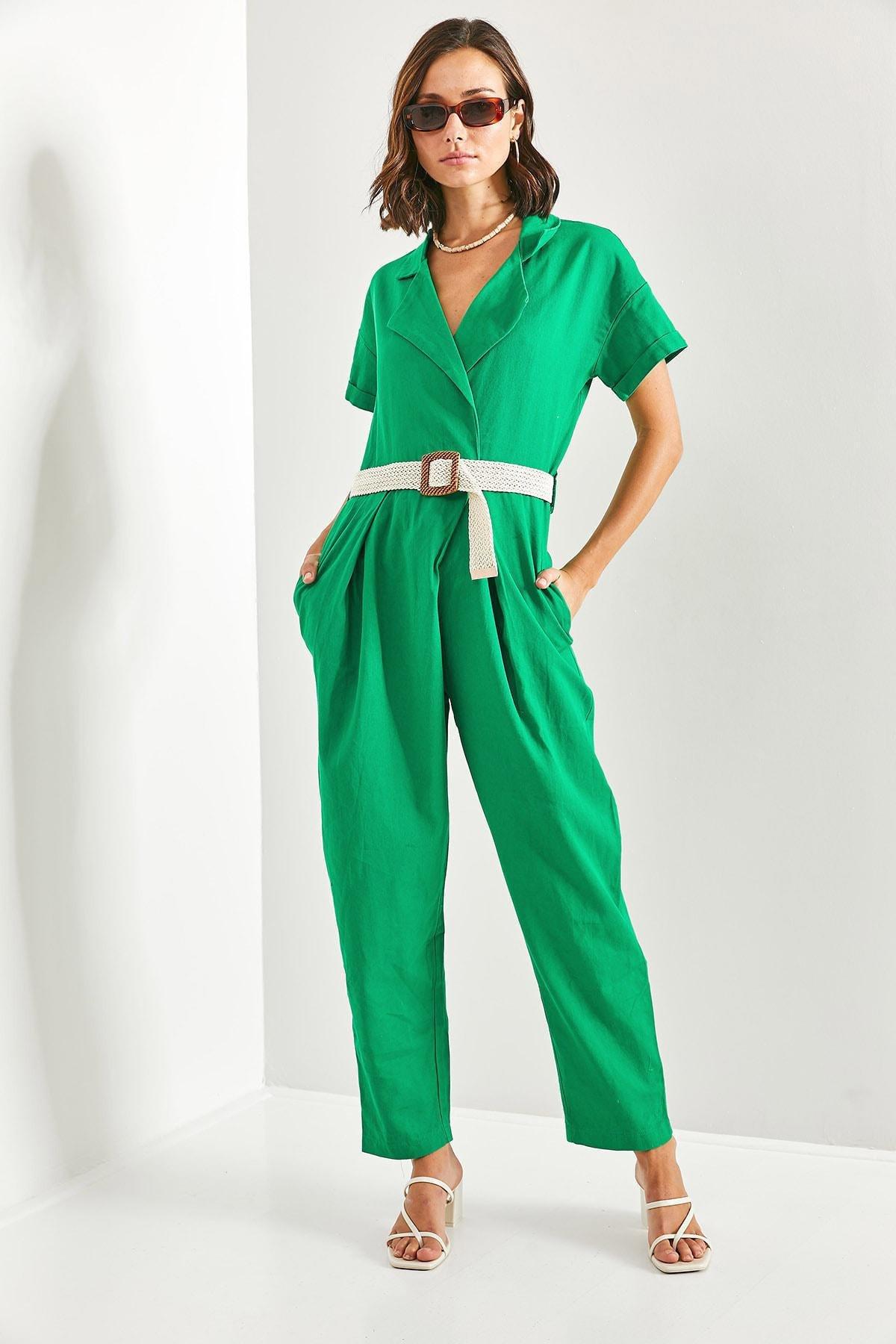 Green Belted Thin Gabardine Jumpsuit, Green, large image number 3