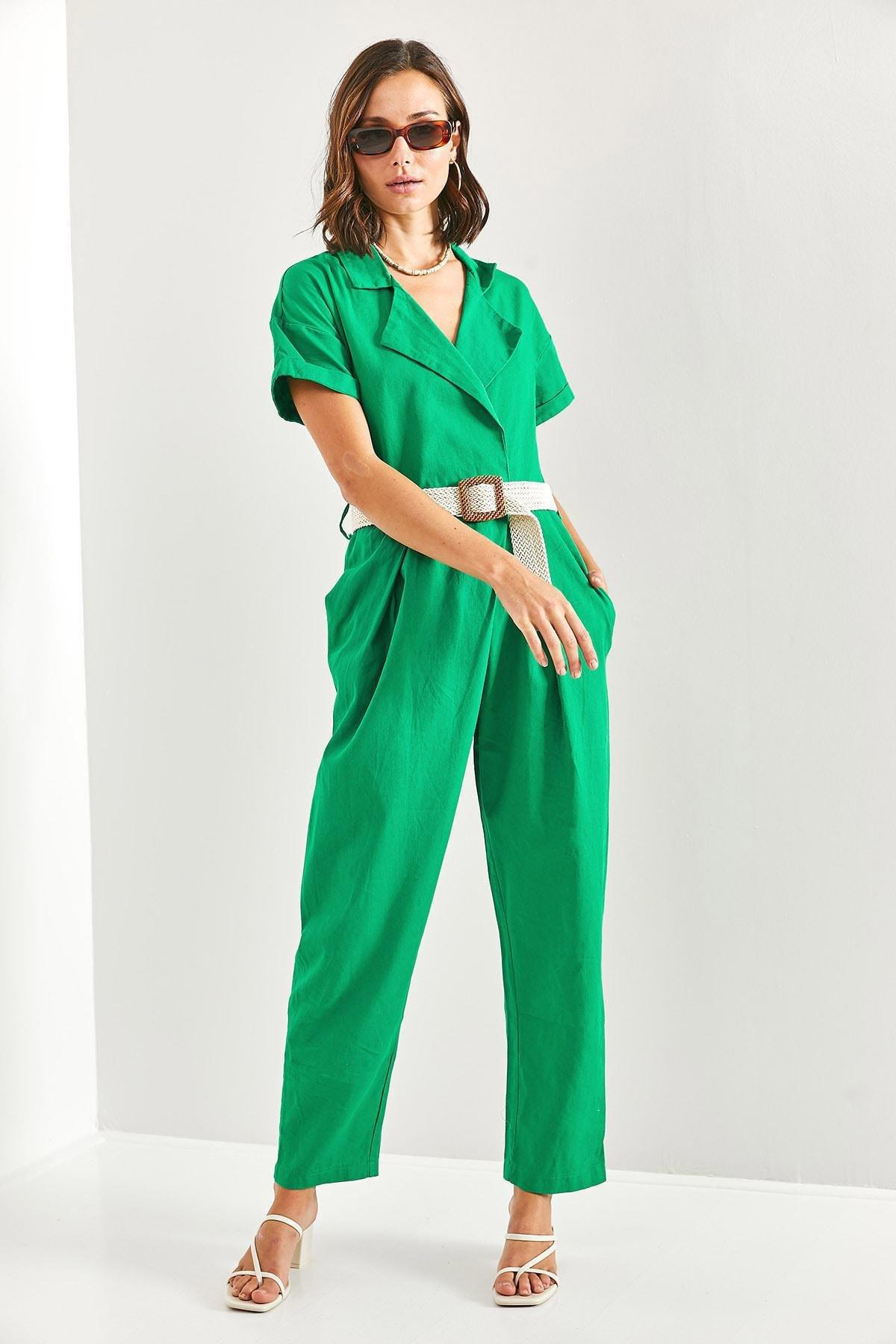 Green Belted Thin Gabardine Jumpsuit, Green, large image number 4