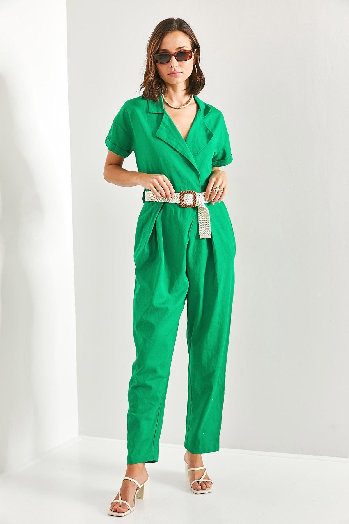 Green Belted Thin Gabardine Jumpsuit, Green, large image number 5