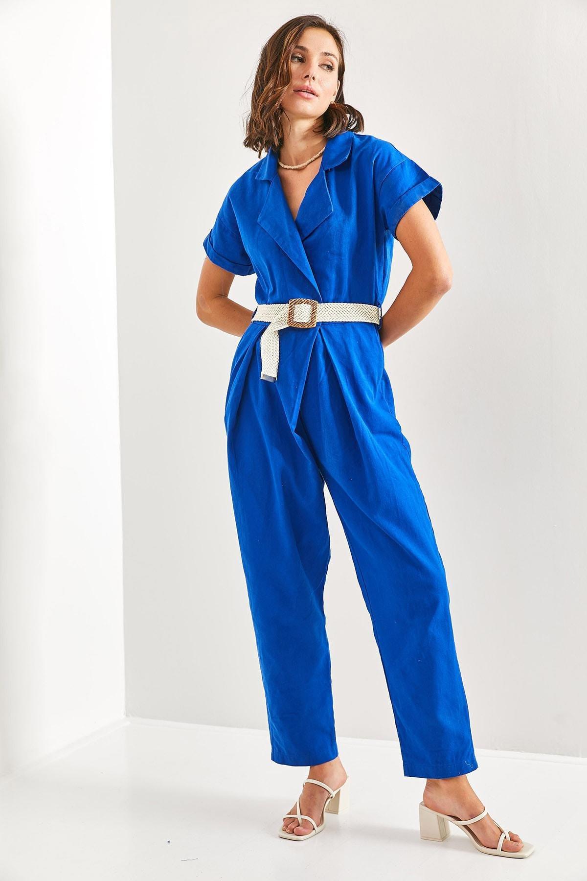 Blue Belted Thin Gabardine Jumpsuit, , large image number 0