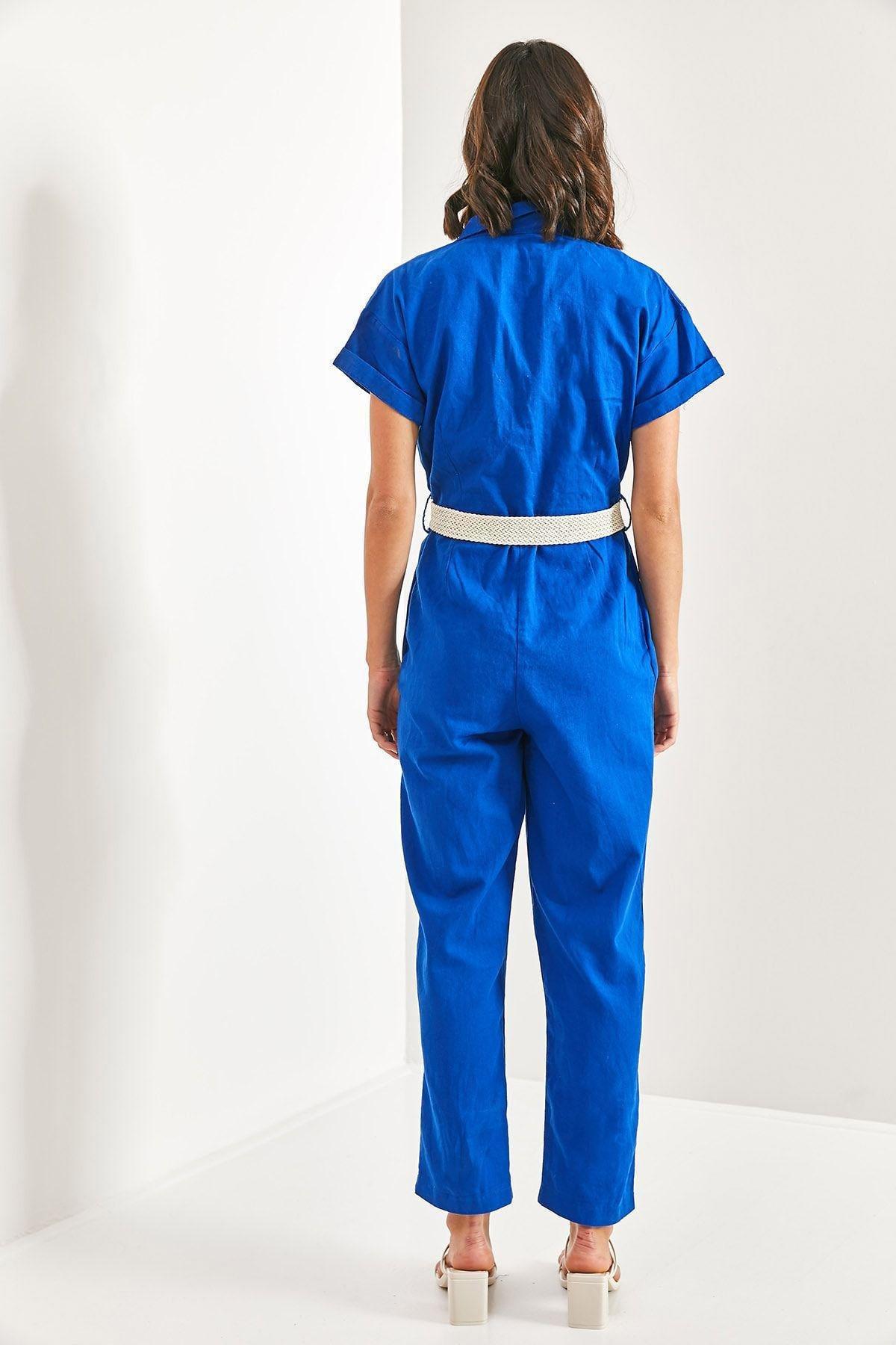 Blue Belted Thin Gabardine Jumpsuit, , large image number 1