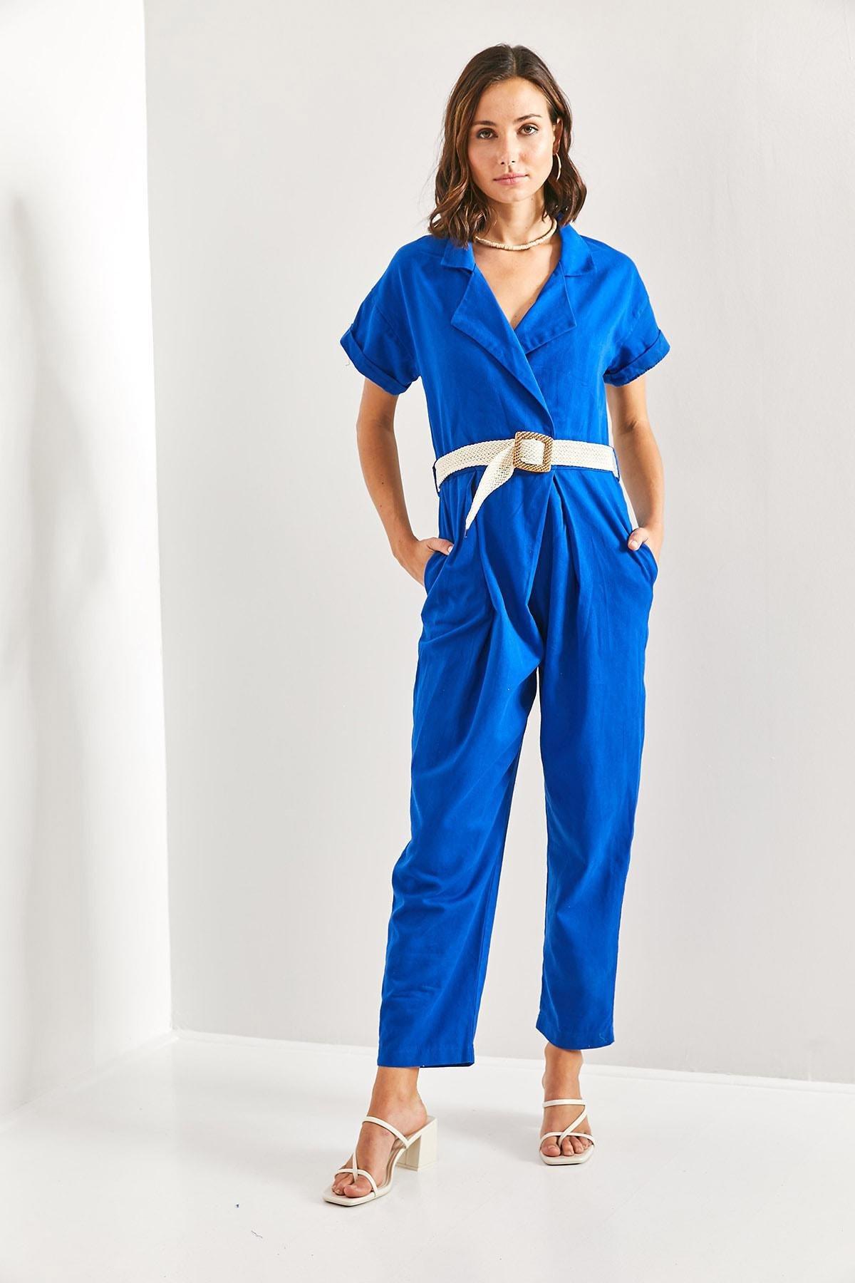 Blue Belted Thin Gabardine Jumpsuit, , large image number 2