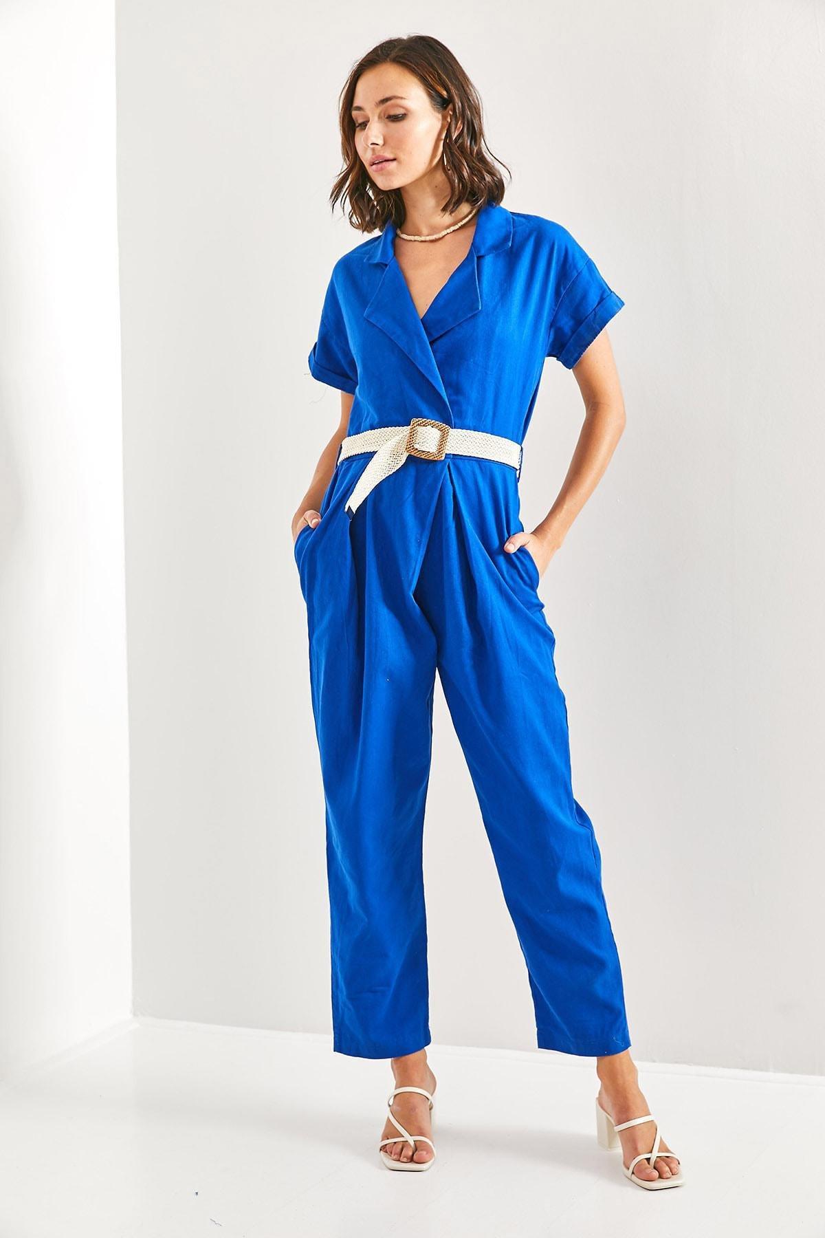 Blue Belted Thin Gabardine Jumpsuit, , large image number 3