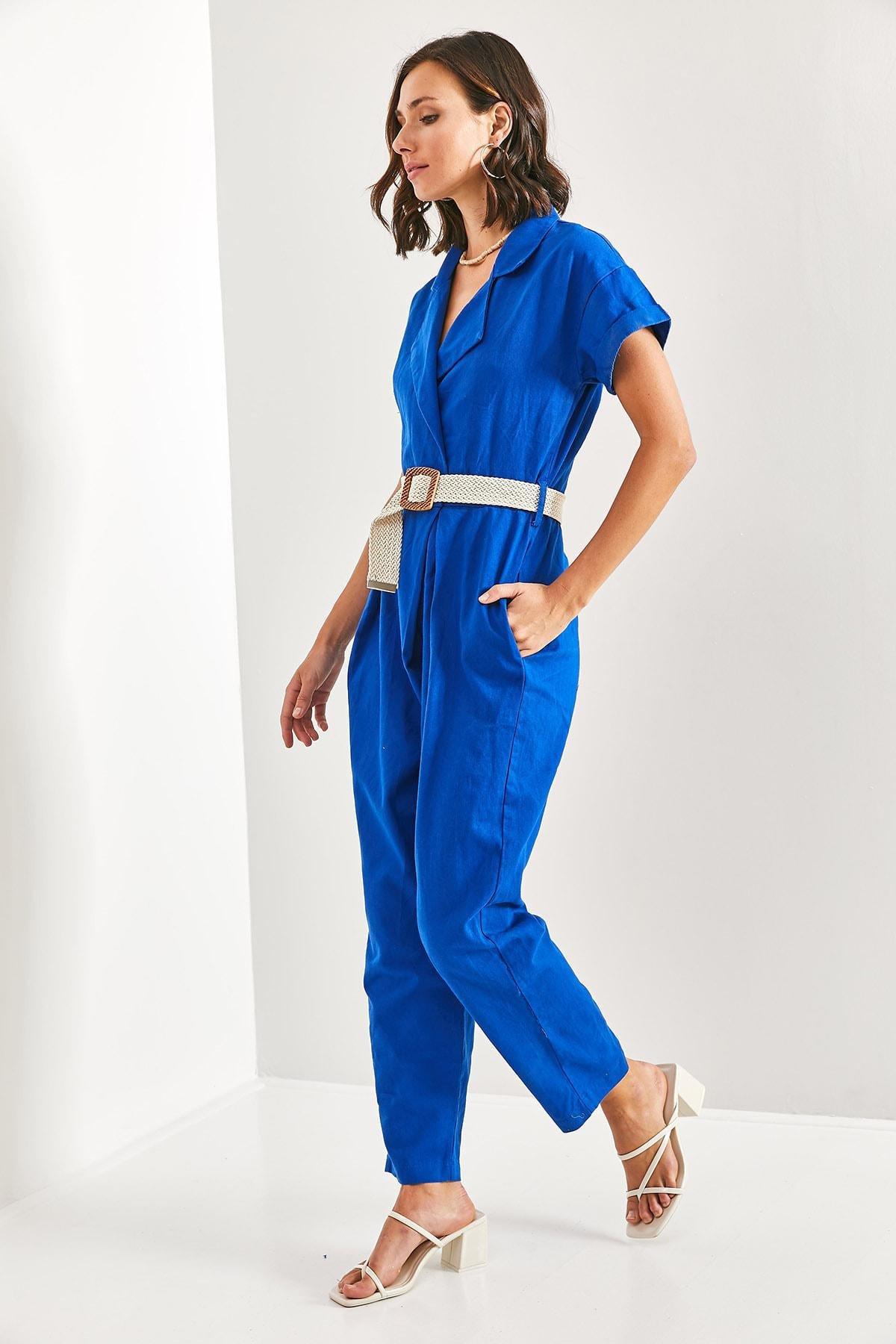 Blue Belted Thin Gabardine Jumpsuit, , large image number 4