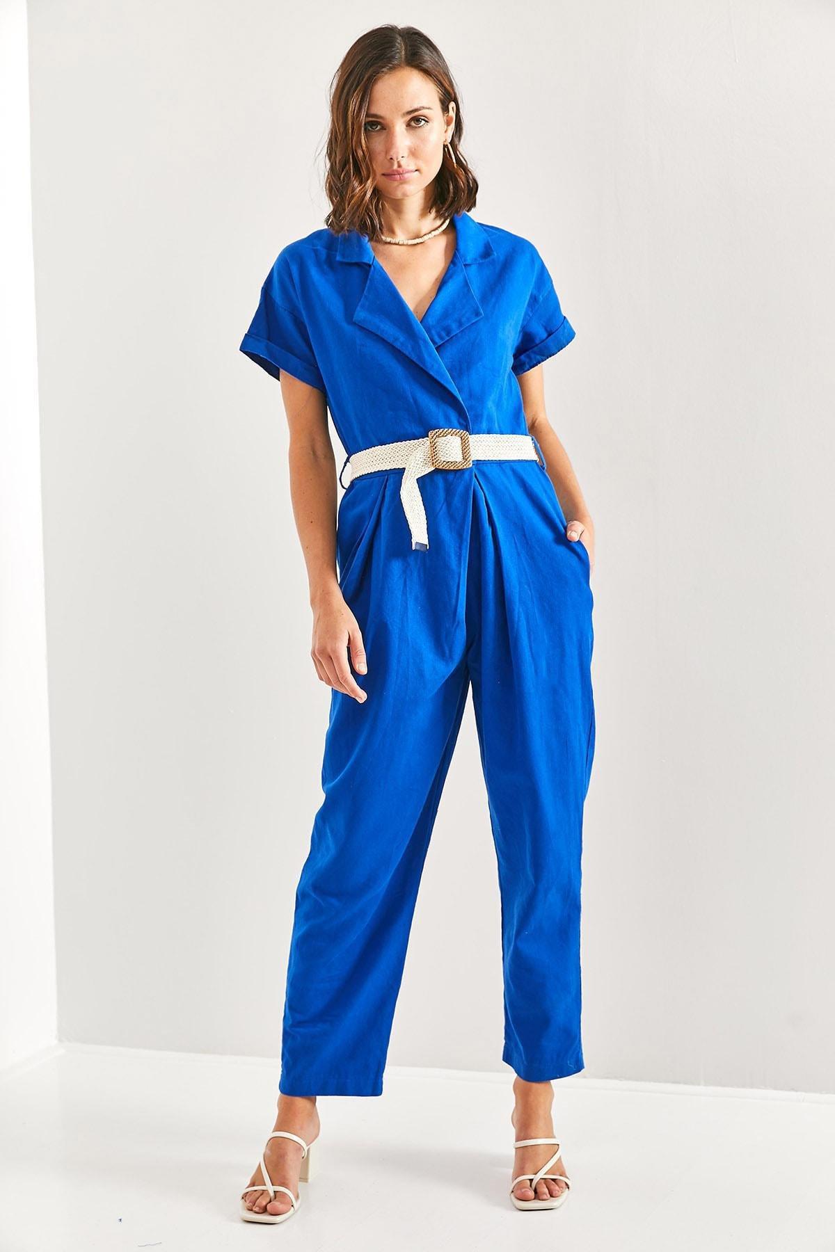 Blue Belted Thin Gabardine Jumpsuit, , large image number 5
