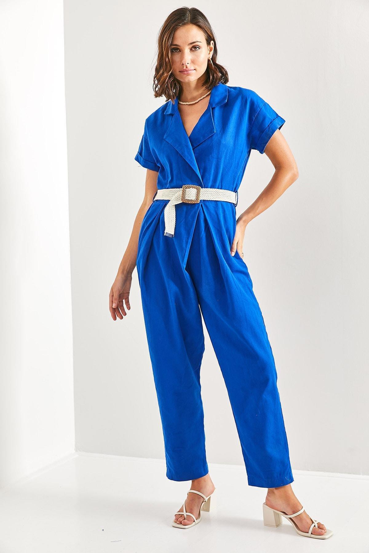 Blue Belted Thin Gabardine Jumpsuit, , large image number 6