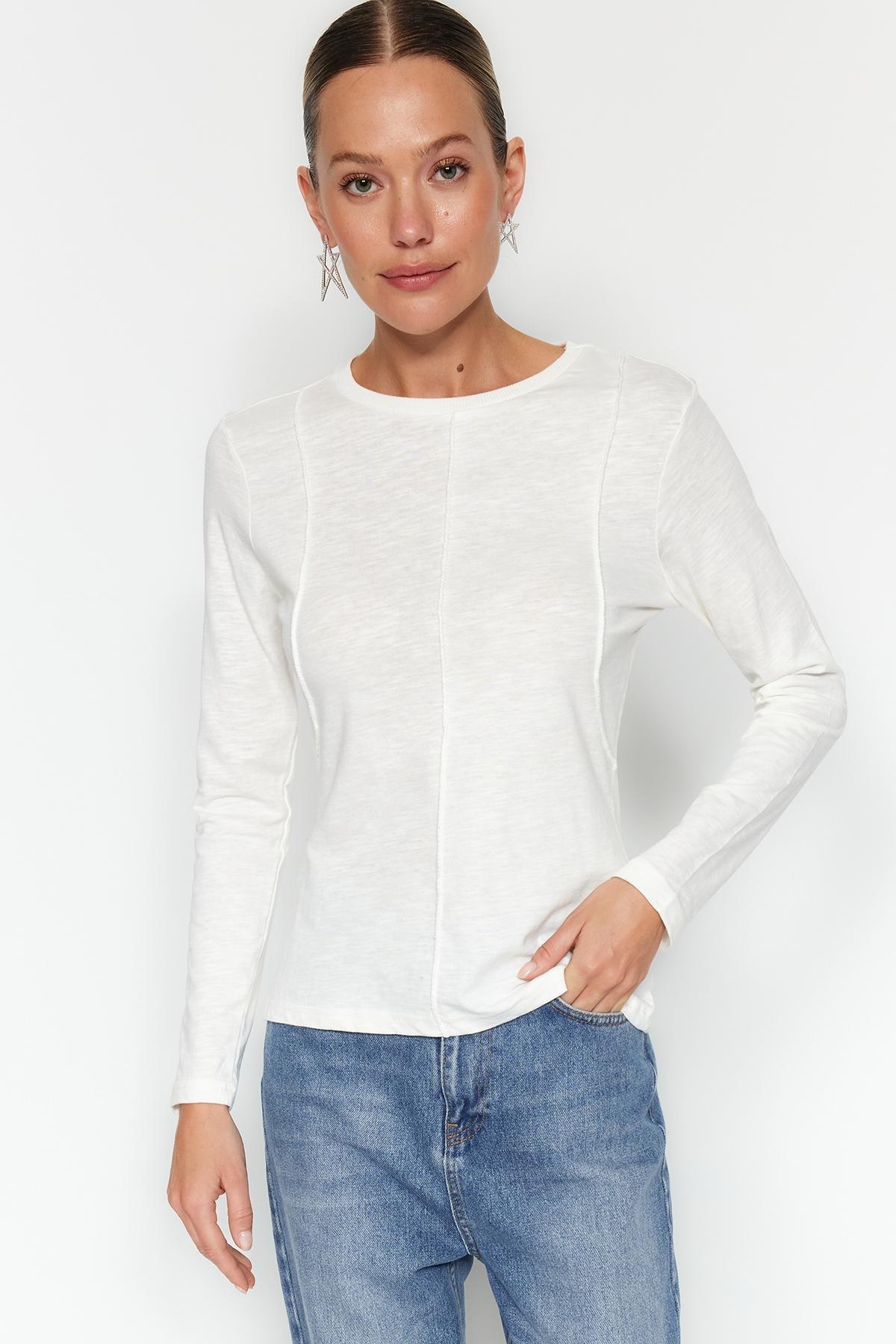 White Crew Neck Detailed Knitted T-Shirt, Ecru, large image number 0