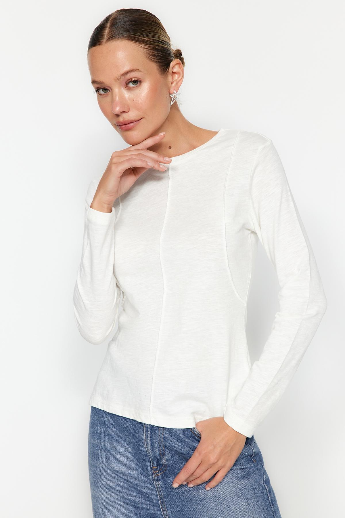 White Crew Neck Detailed Knitted T-Shirt, Ecru, large image number 1