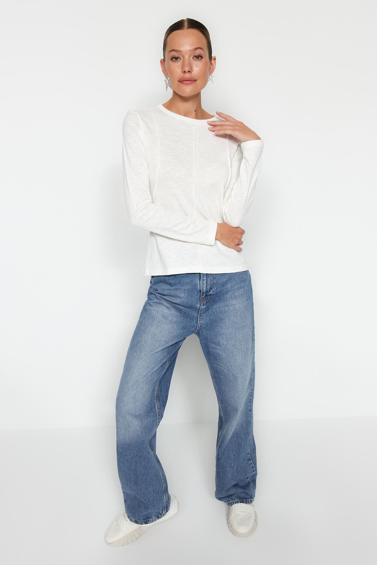 White Crew Neck Detailed Knitted T-Shirt, Ecru, large image number 2