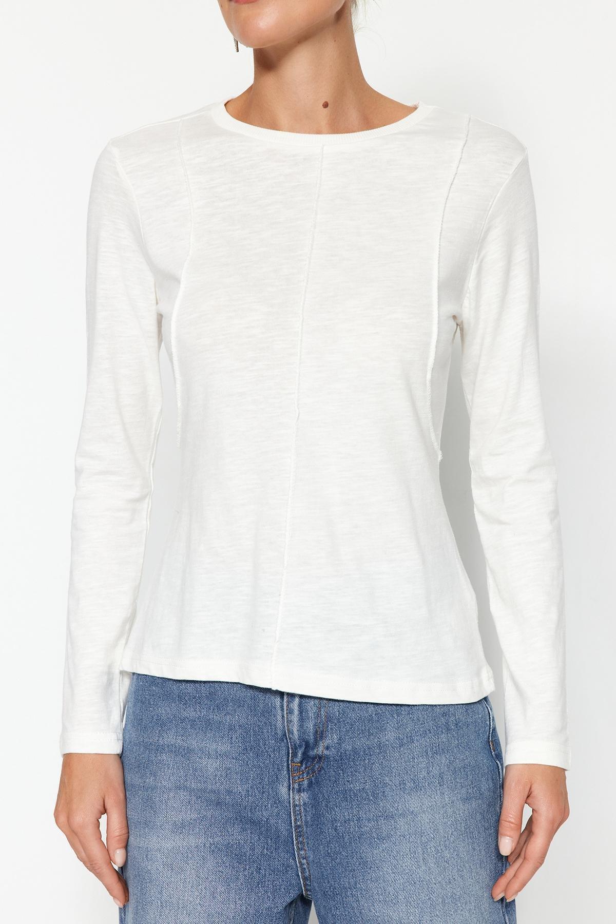 White Crew Neck Detailed Knitted T-Shirt, Ecru, large image number 4